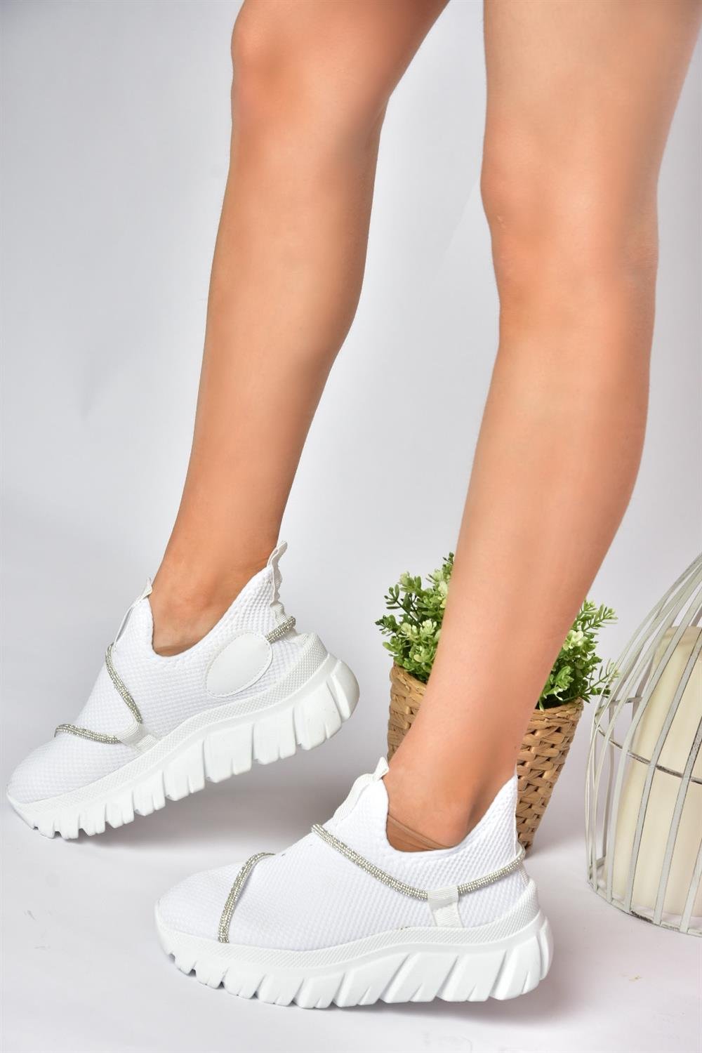 P602357504 Beyaz Triko Kumaş Sim Detaylı Kadın Spor Ayakkabı Sneakers