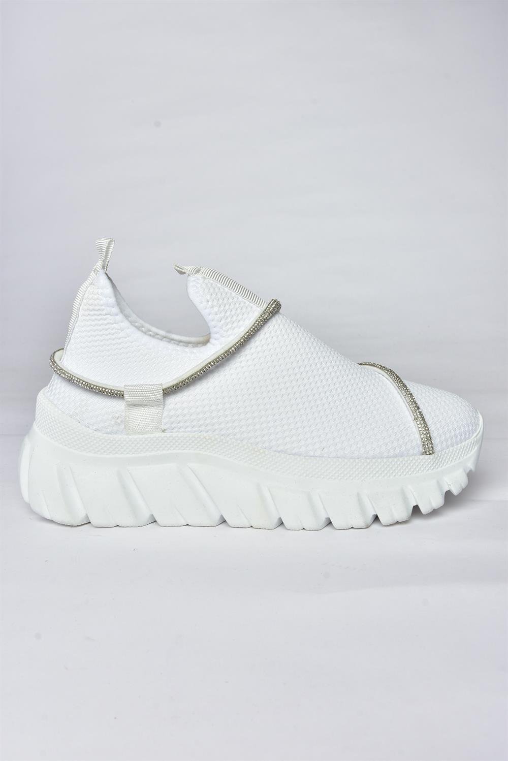 P602357504 Beyaz Triko Kumaş Sim Detaylı Kadın Spor Ayakkabı Sneakers