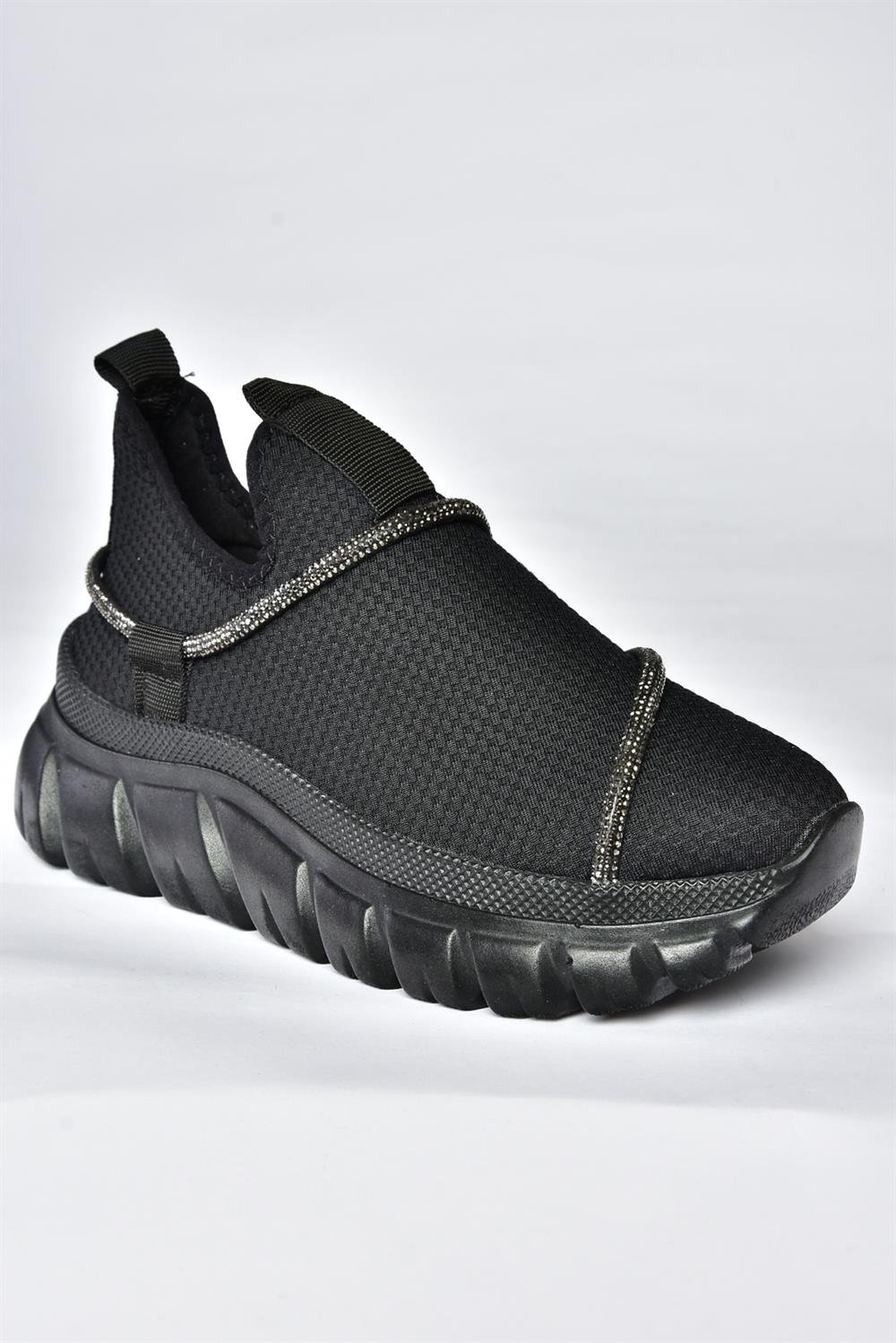 P602357504 Siyah Triko Kumaş Sim Detaylı Kadın Spor Ayakkabı Sneakers