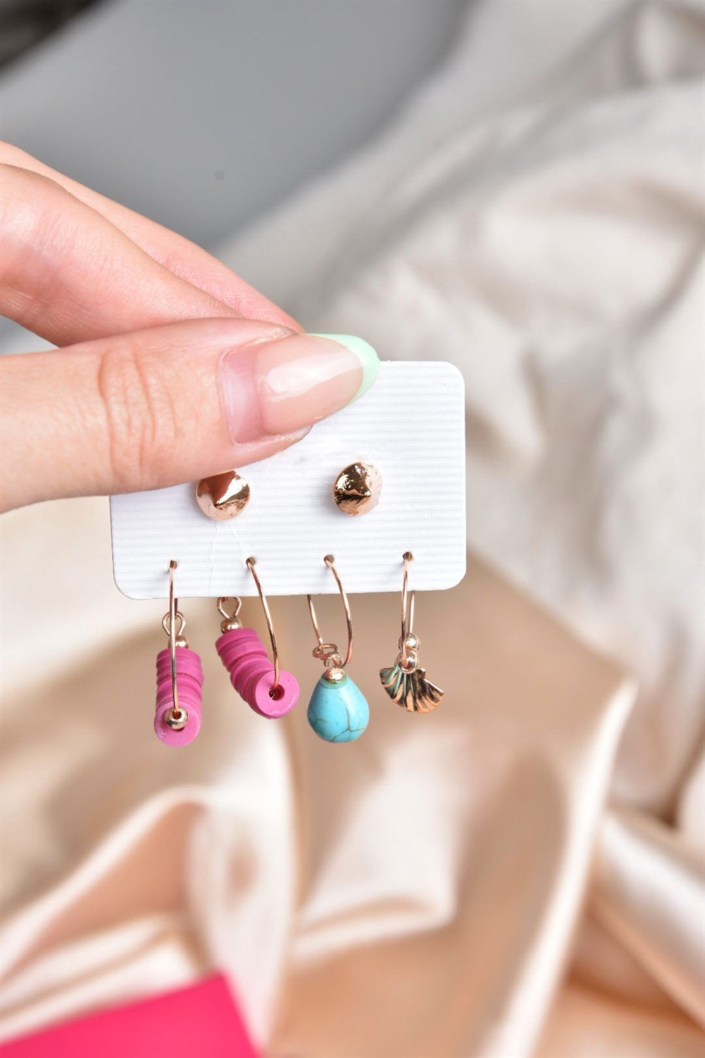 Pembe Fimo/Turkuaz Taş 6'lı Küpe KA031086