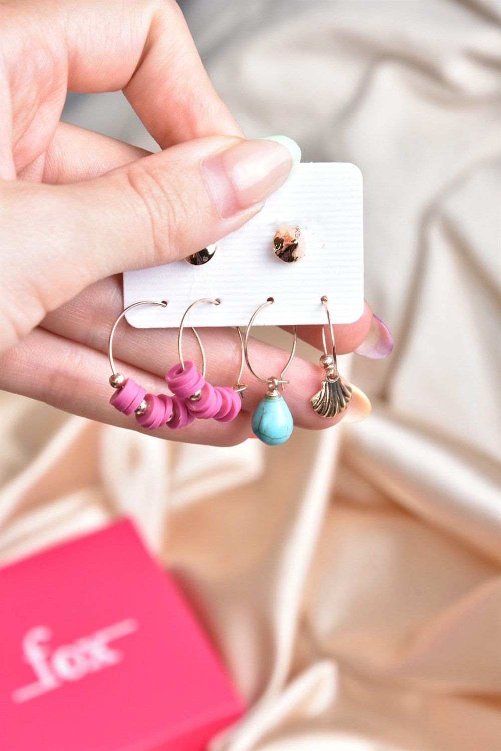 Pembe Fimo/Turkuaz Taş 6'lı Küpe KA031086