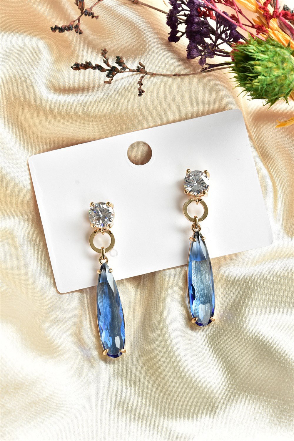 Pırlanta Detay Mavi Taşlı Sallantılı Küpe KA061235