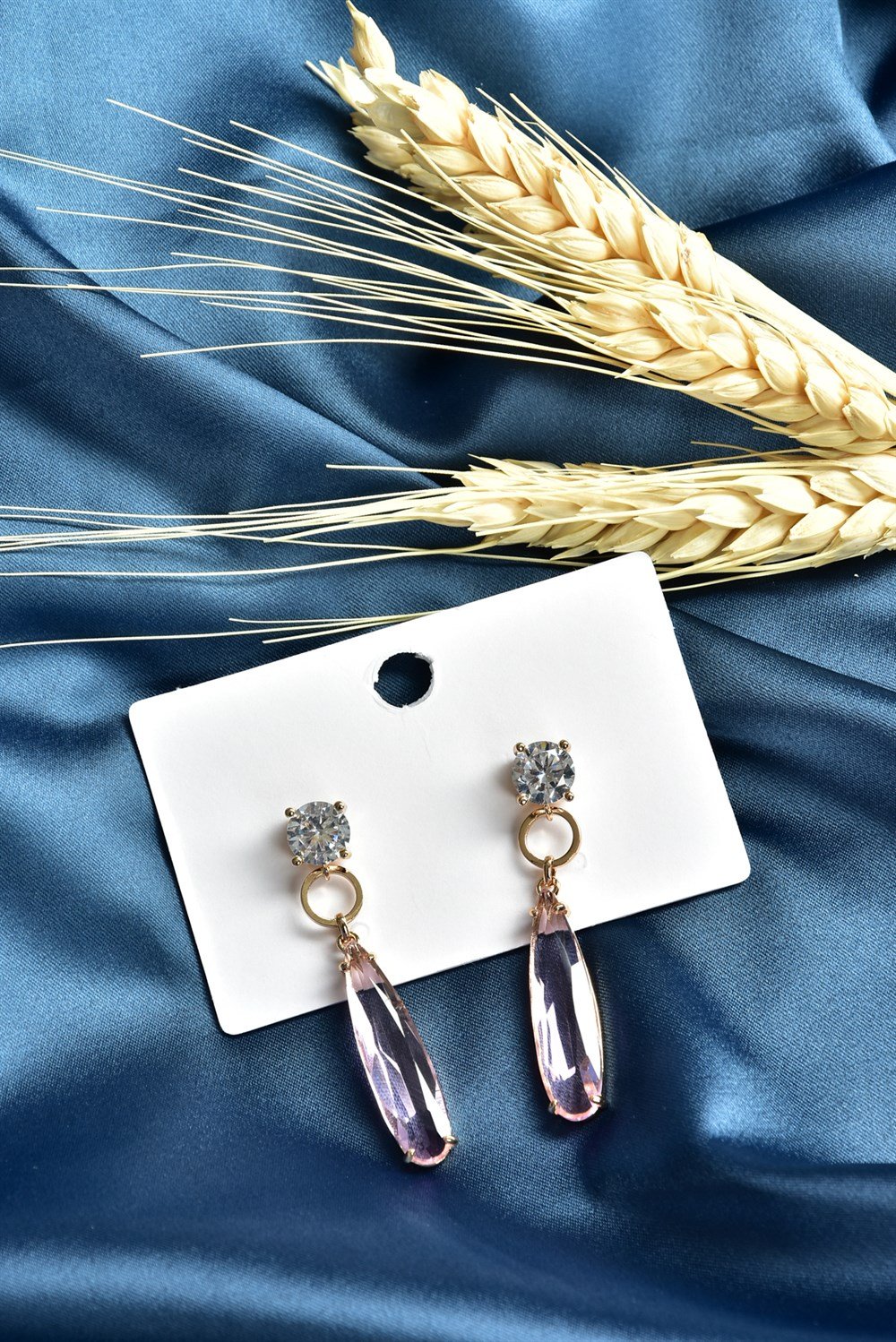 Pırlanta Detay Pembe Taşlı Sallantılı Küpe KA061235