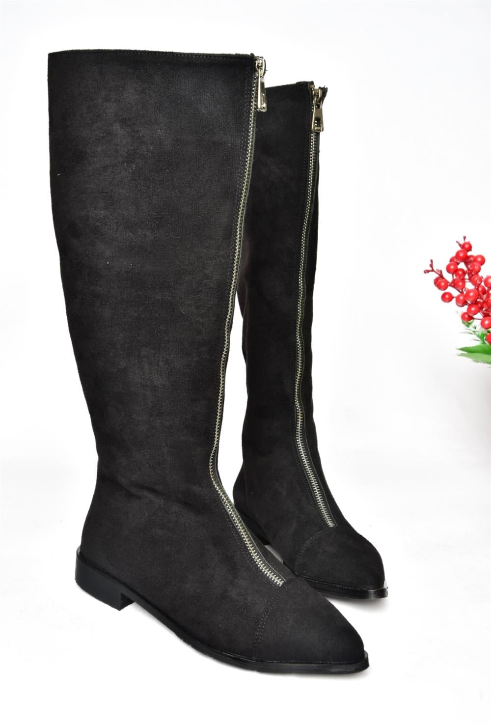R272961602 Siyah Süet Fermuarlı Kadın Çizme