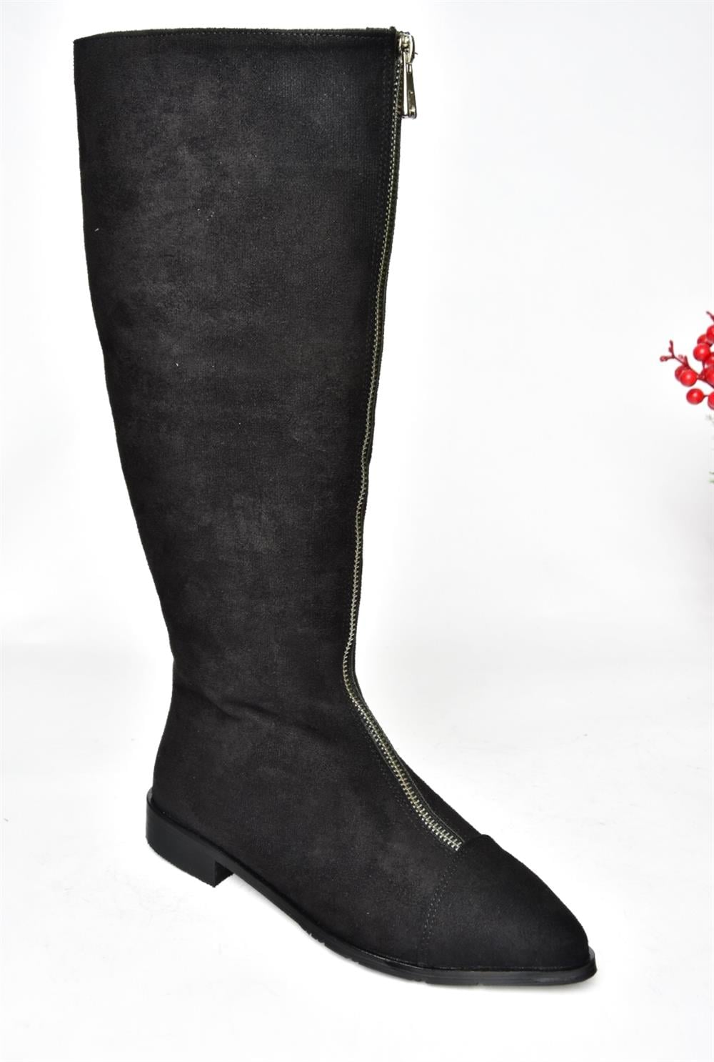 R272961602 Siyah Süet Fermuarlı Kadın Çizme