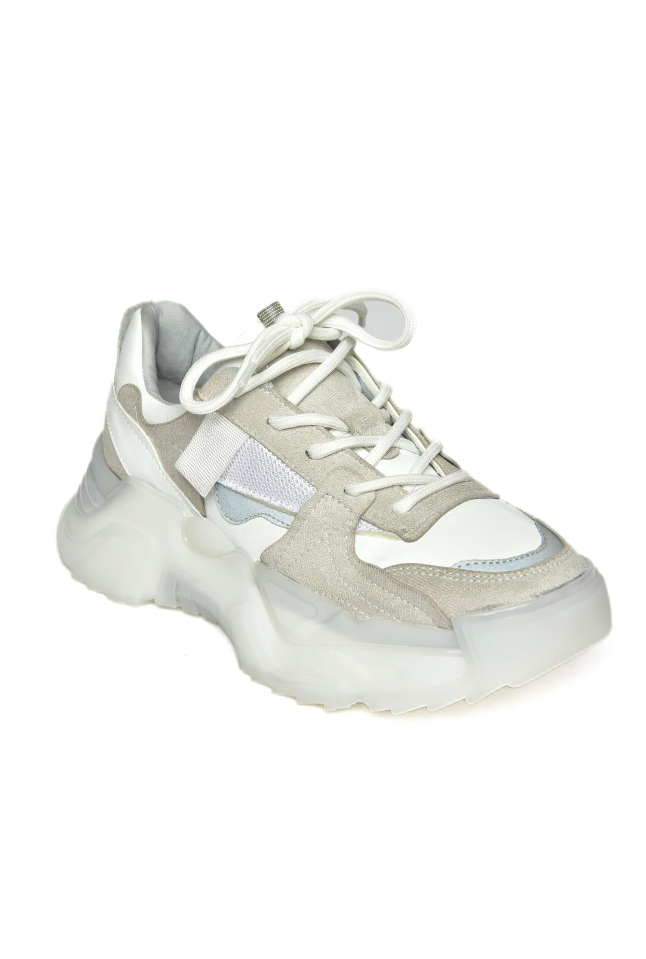 R312611402 Beyaz/Gri Süet Kalın Tabanlı Spor Ayakkabı Sneakers