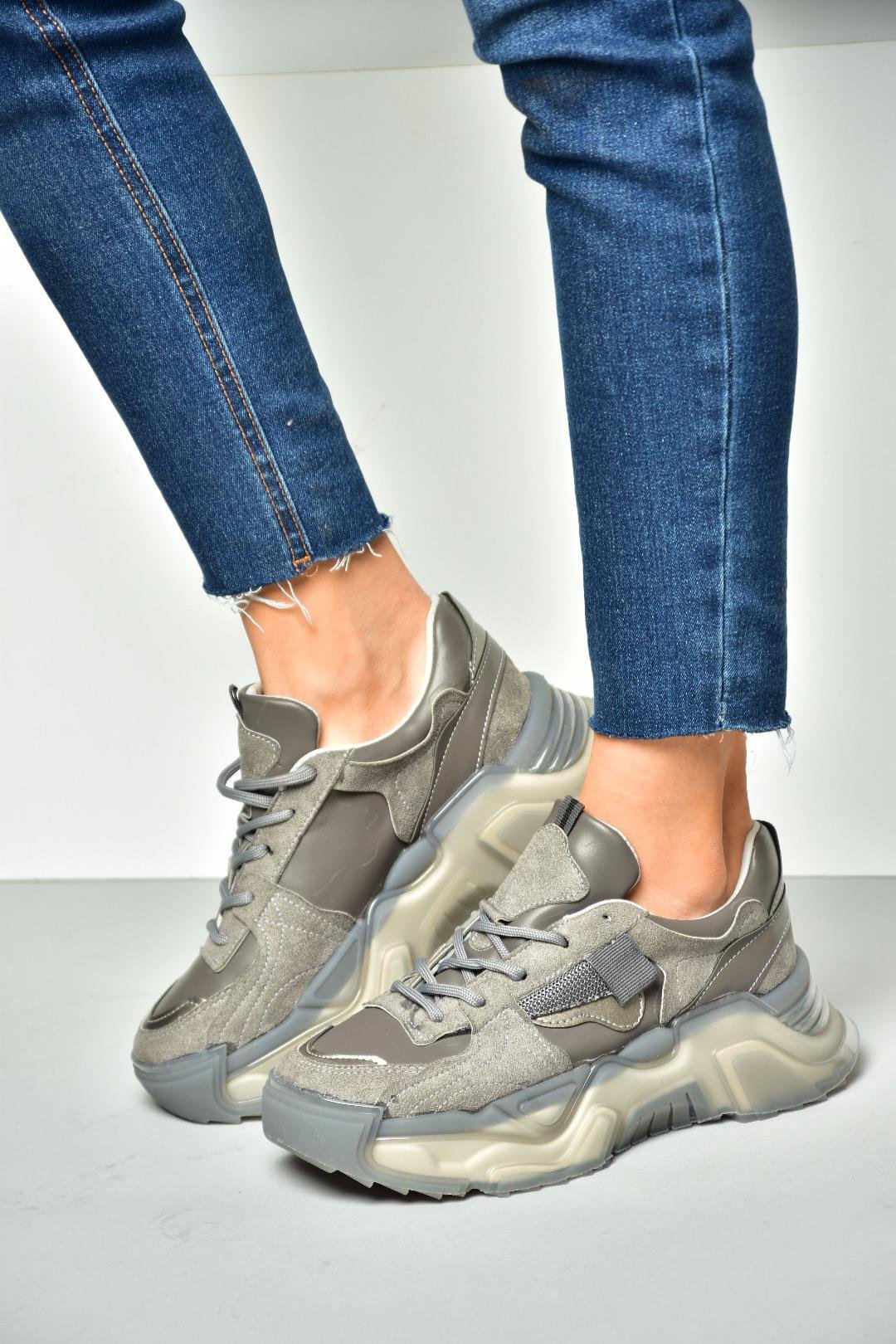 R312611402 Koyu Gri Süet Kalın Tabanlı Spor Ayakkabı Sneakers