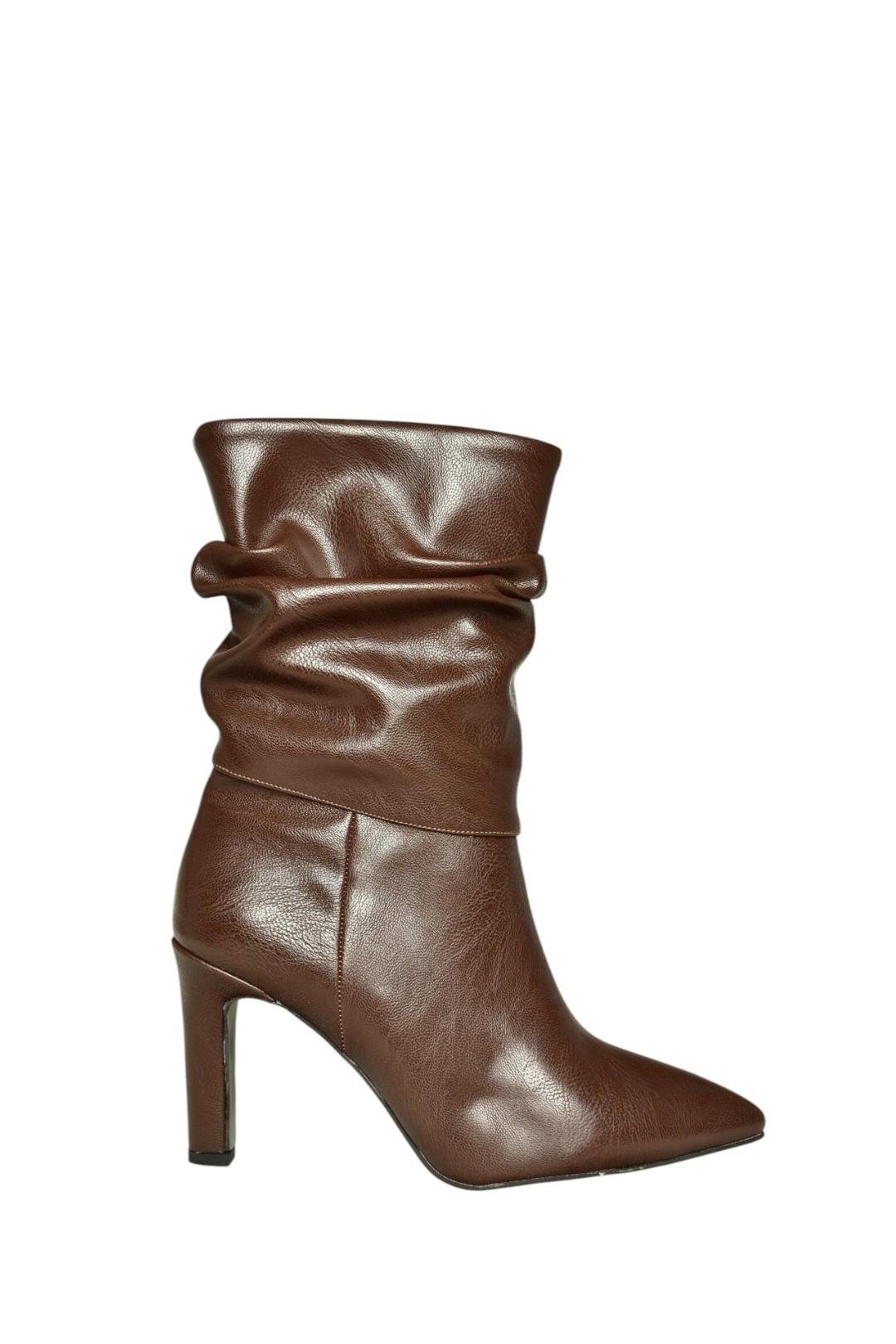 R404020309 Kahverengi İnce Topuklu Büzgülü Kadın Bot