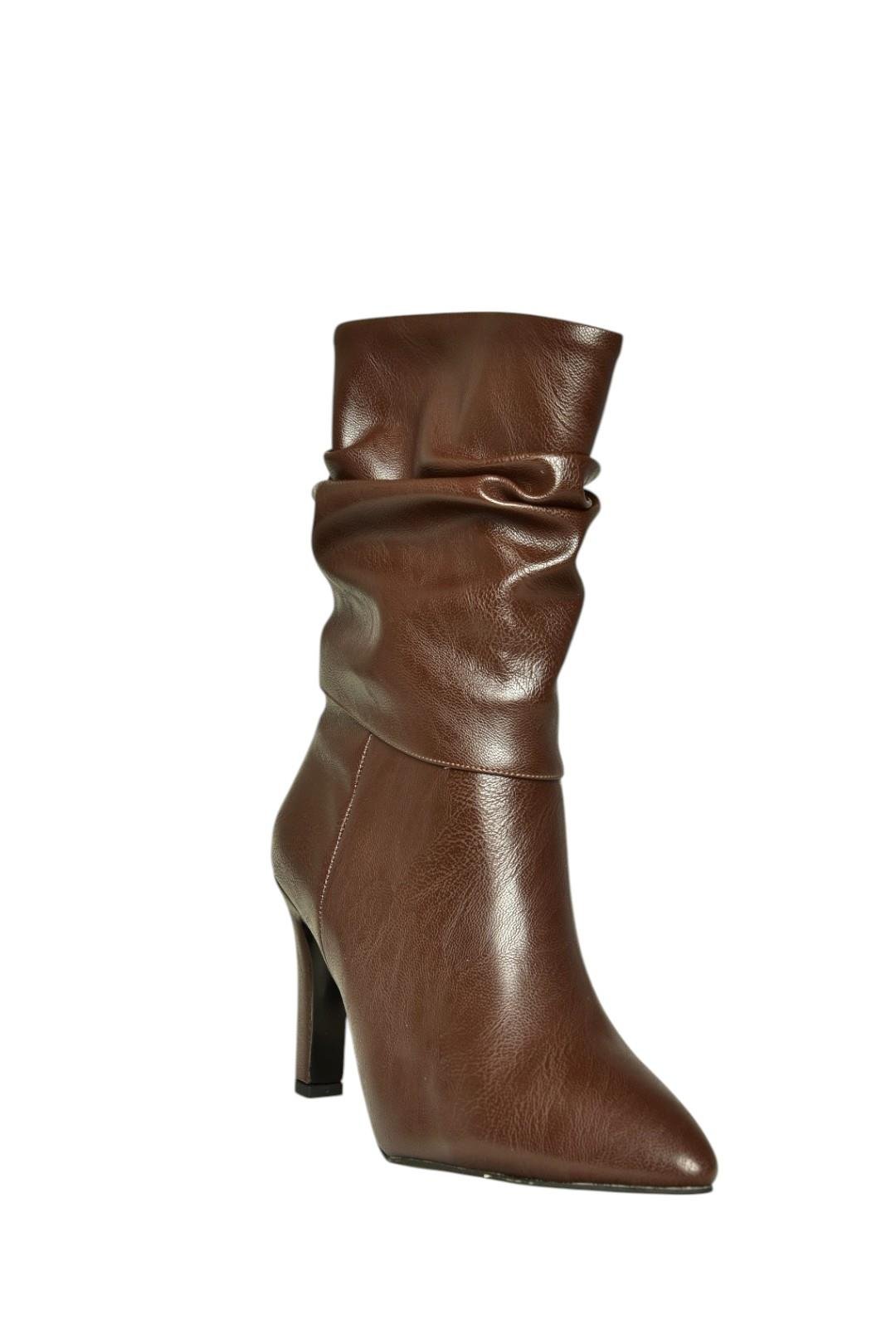 R404020309 Kahverengi İnce Topuklu Büzgülü Kadın Bot