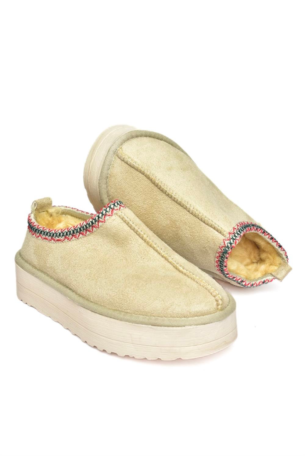 R612047302 Bej Süet İçi Tüylü Kalın Tabanlı Kadın Terlik