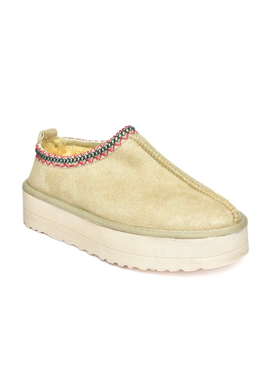 R612047302 Bej Süet İçi Tüylü Kalın Tabanlı Kadın Terlik