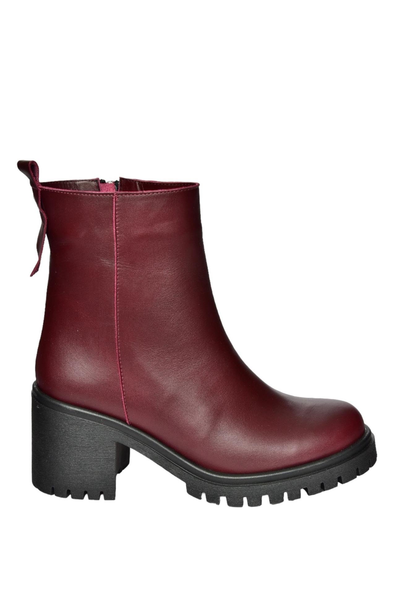 R654006503 Bordo Hakiki Deri Kalın Topuklu Kadın Bot