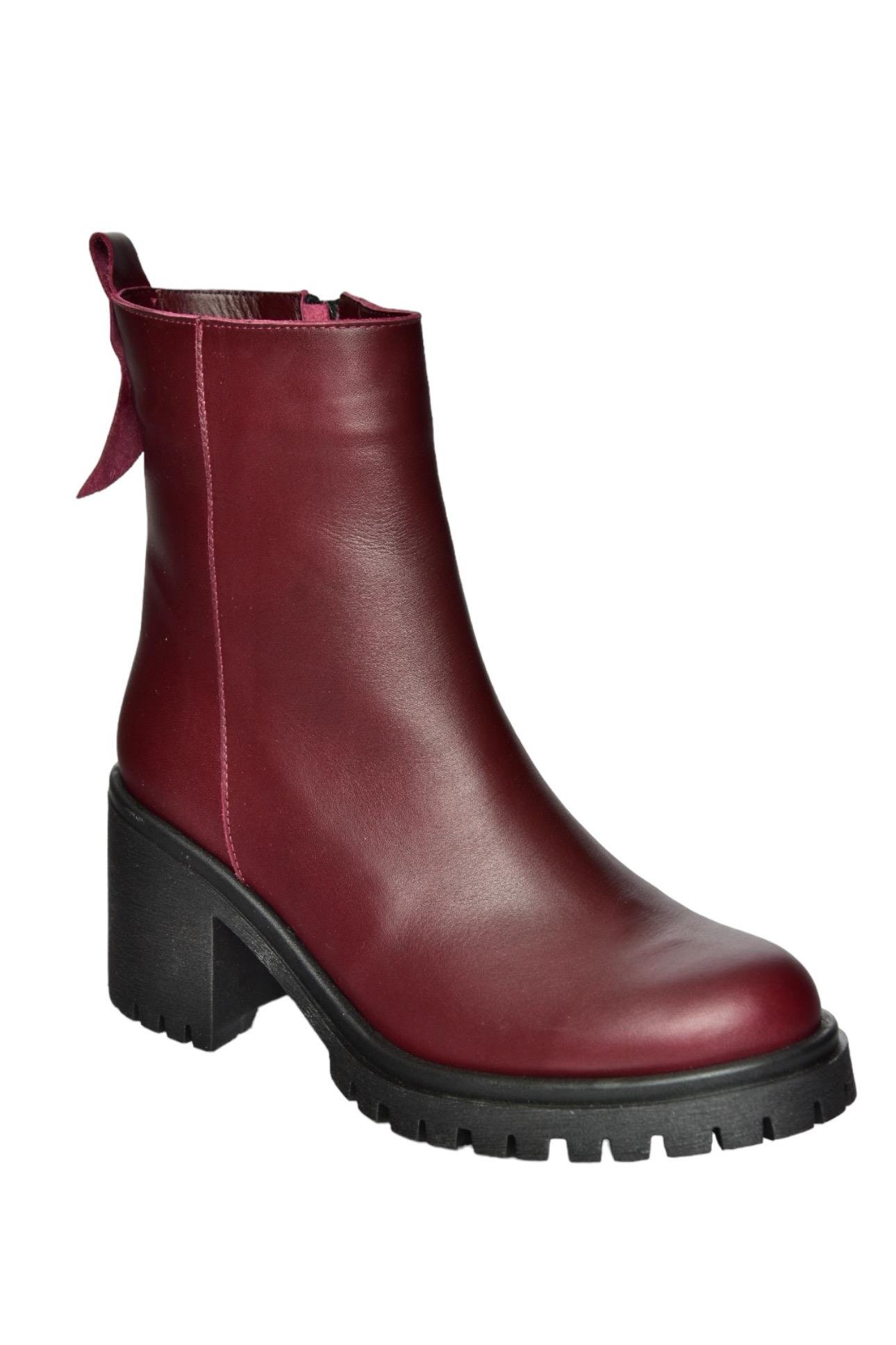 R654006503 Bordo Hakiki Deri Kalın Topuklu Kadın Bot