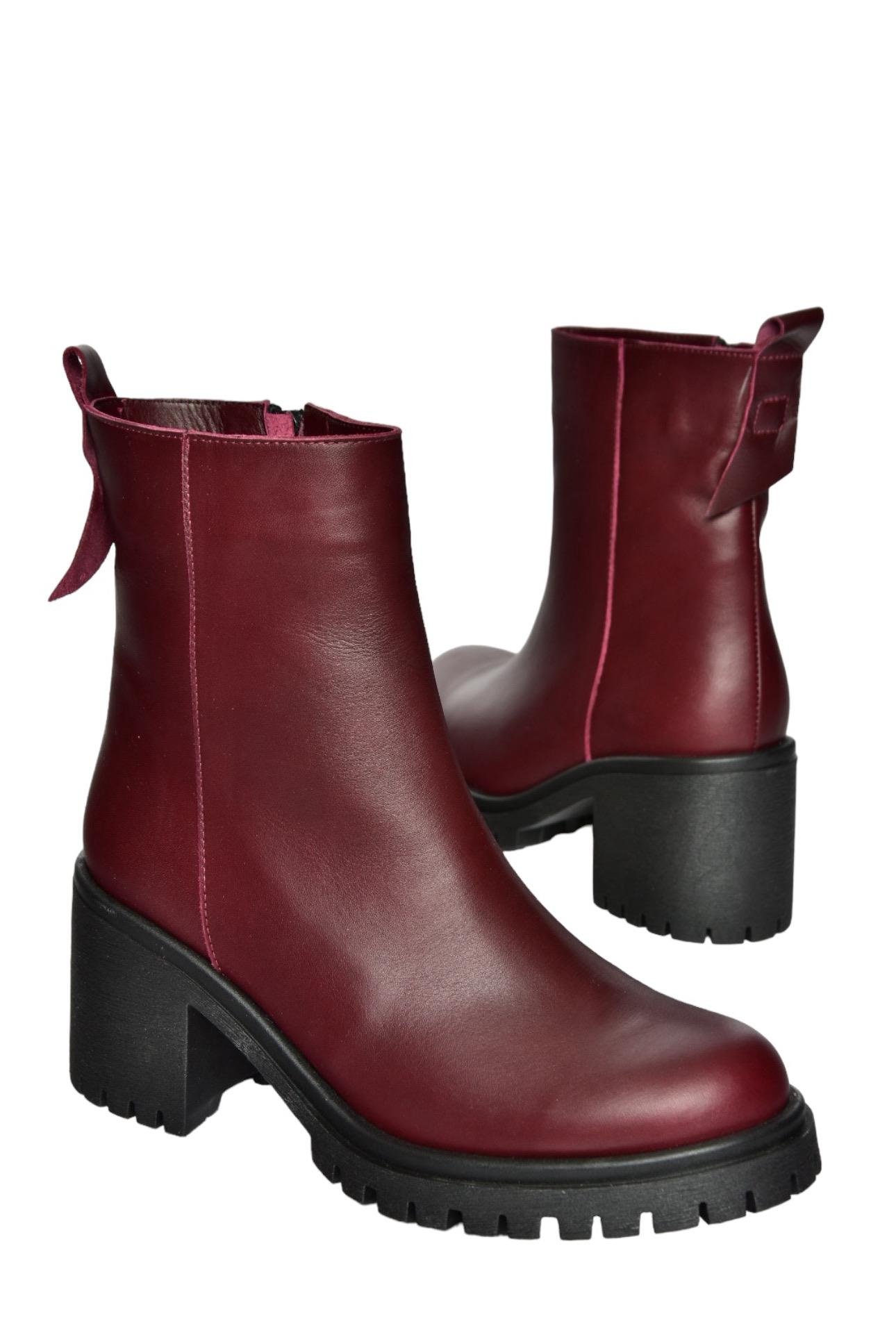 R654006503 Bordo Hakiki Deri Kalın Topuklu Kadın Bot