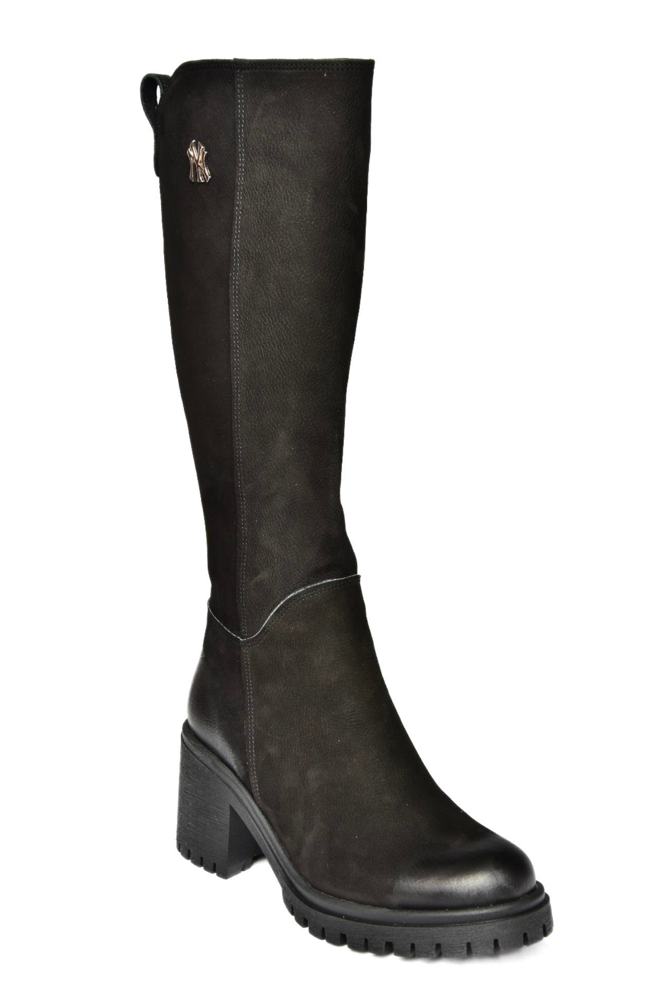 R654034003 Siyah Hakiki Deri Kalın Topuklu Kadın Çizme