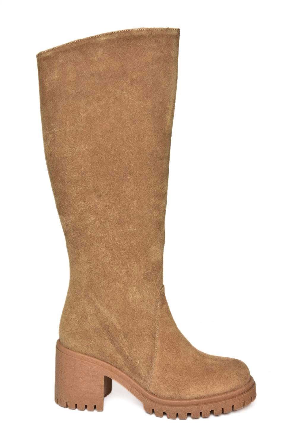 R654047702 Taba Hakiki Deri Süet Kalın Topuklu Kadın Çizme