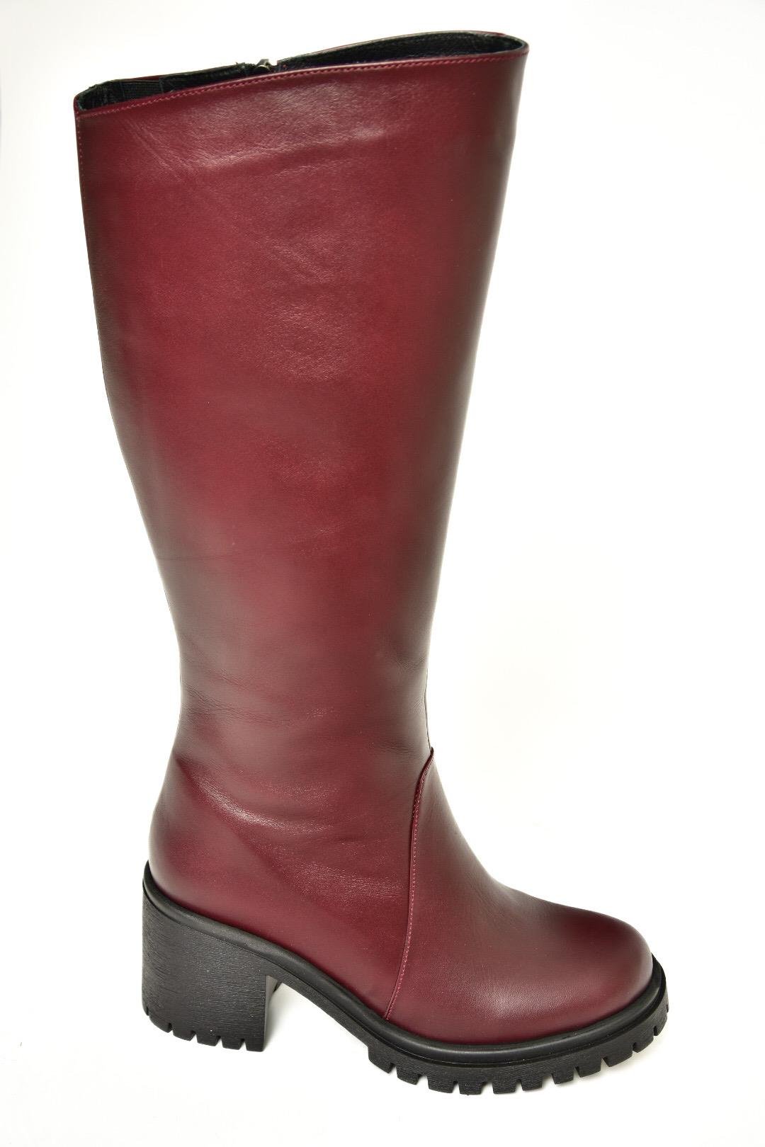 R654047703 Bordo Hakiki Deri Kalın Topuklu Kadın Çizme