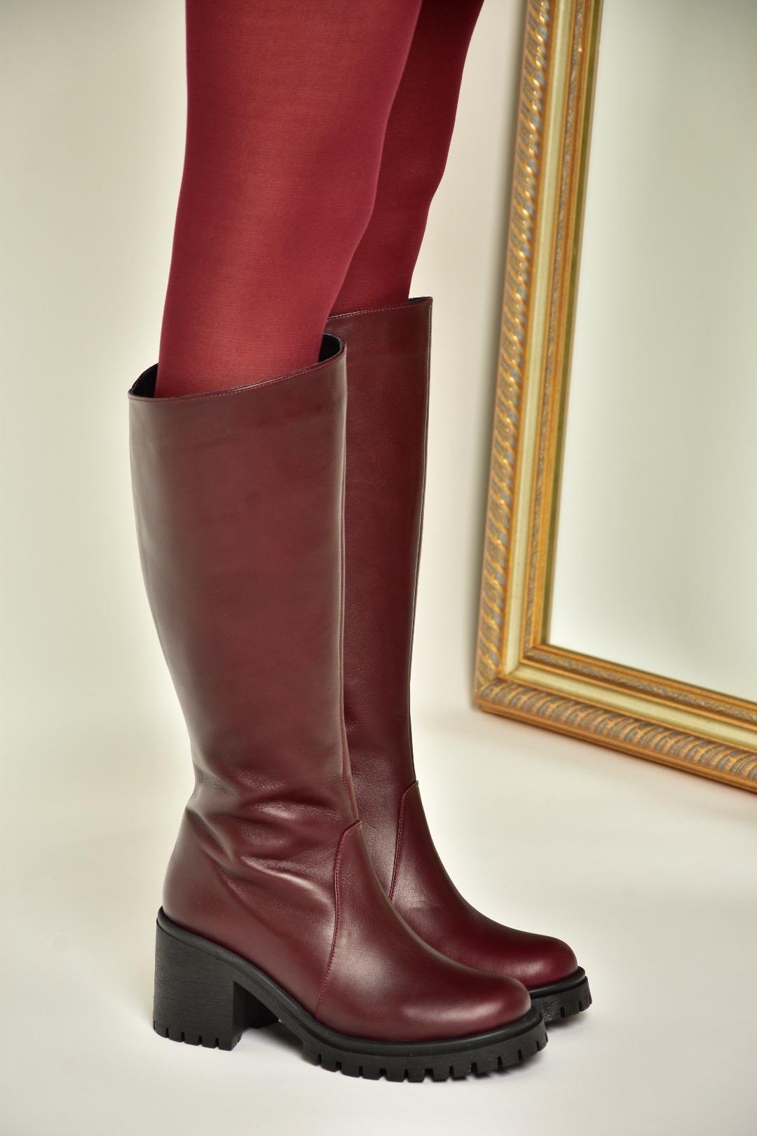 R654047703 Bordo Hakiki Deri Kalın Topuklu Kadın Çizme