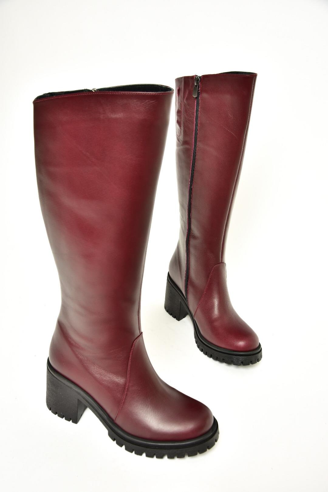 R654047703 Bordo Hakiki Deri Kalın Topuklu Kadın Çizme