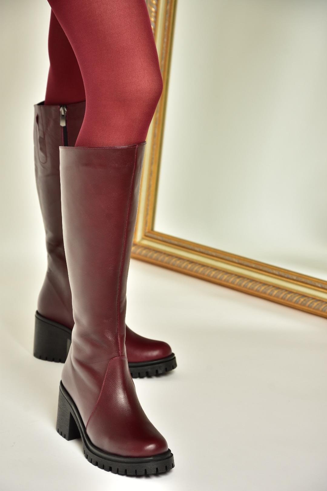 R654047703 Bordo Hakiki Deri Kalın Topuklu Kadın Çizme