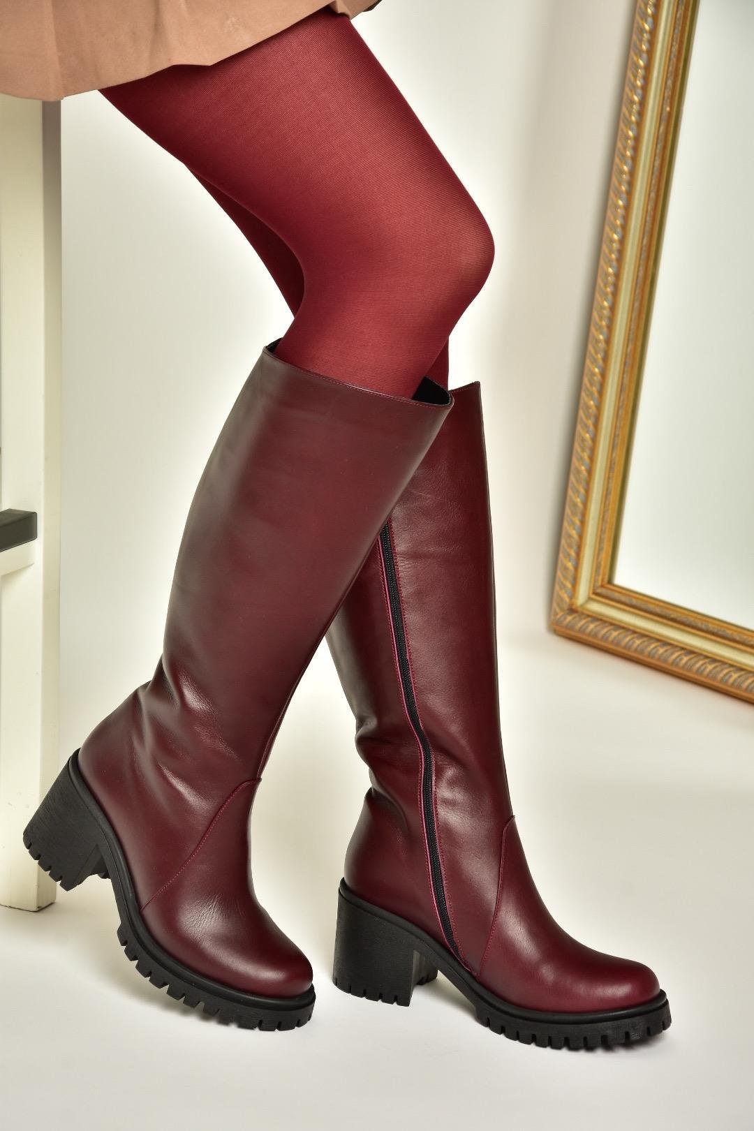 R654047703 Bordo Hakiki Deri Kalın Topuklu Kadın Çizme