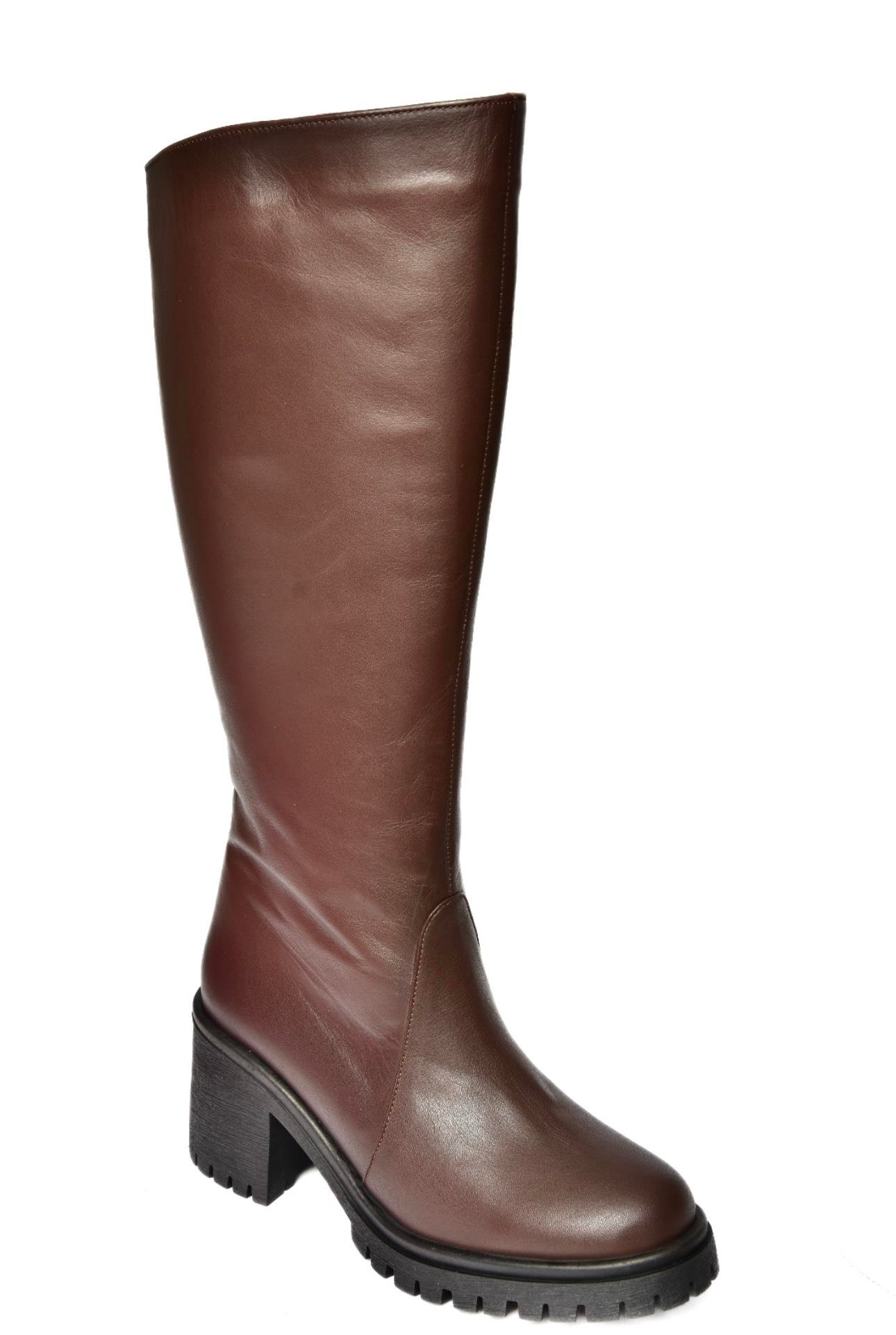 R654047703 Kahverengi Hakiki Deri Kalın Topuklu Kadın Çizme