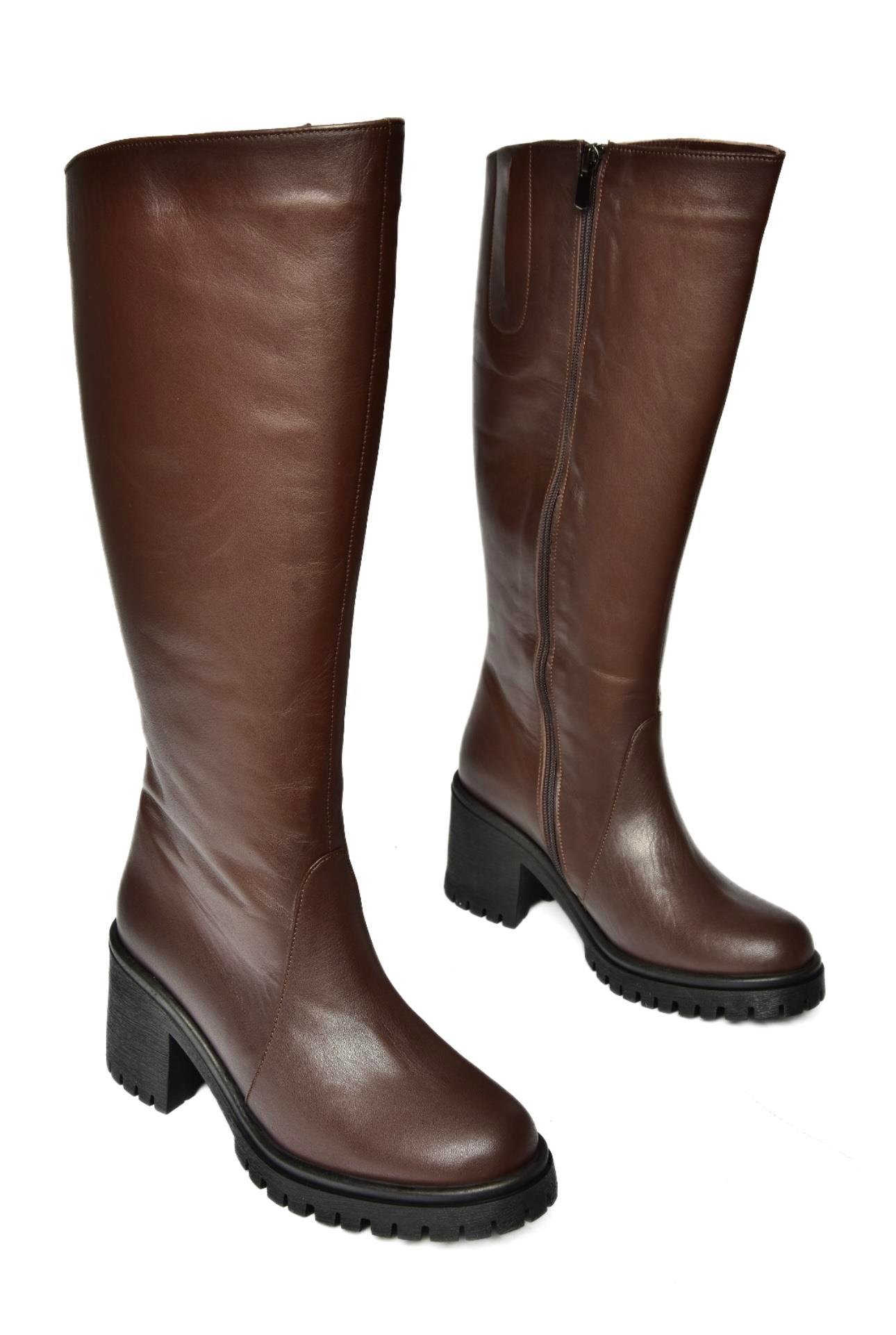 R654047703 Kahverengi Hakiki Deri Kalın Topuklu Kadın Çizme