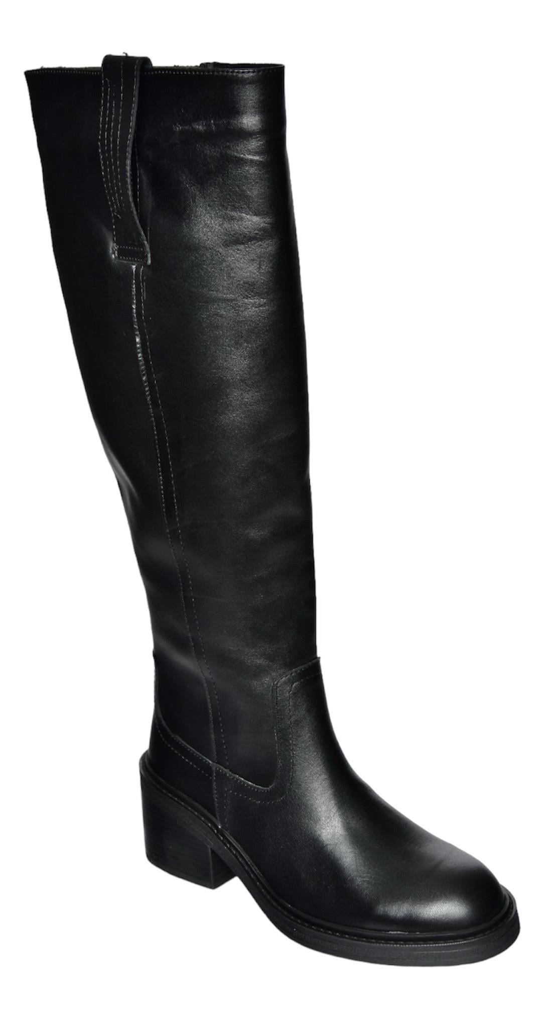R654099203 Siyah Hakiki Deri Kalın Topuklu Kadın Çizme