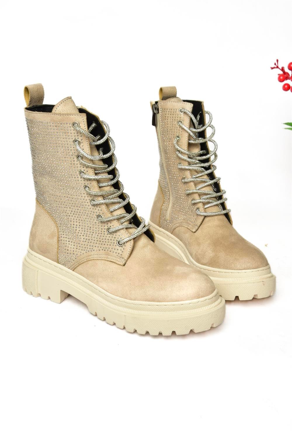 R726543602 Ten Süet Taş Detaylı Kadın Postal Bot