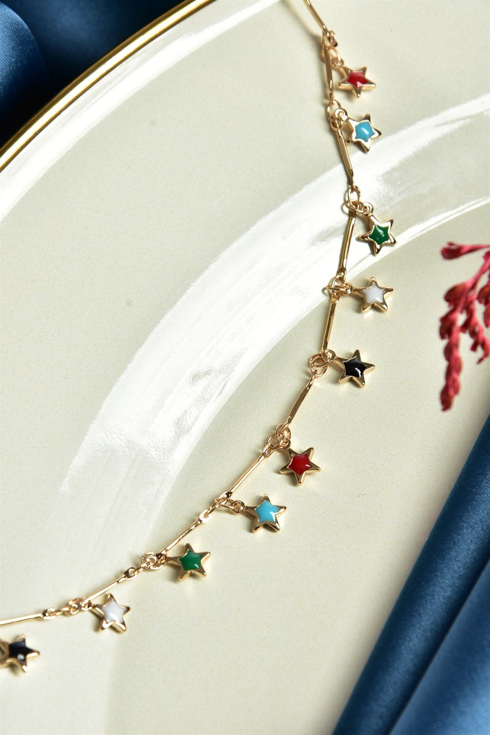 Renkli Yıldız Figürlü Mineli Sallantılı Gold Geçme Zincir Halhal KA061253