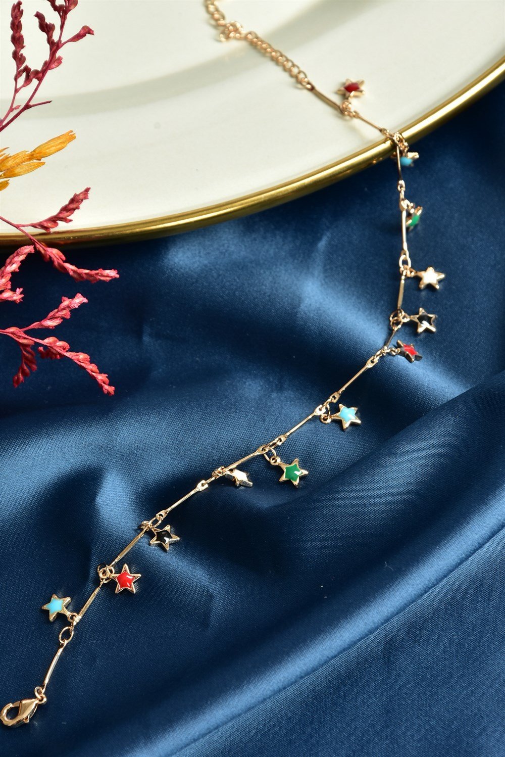 Renkli Yıldız Figürlü Mineli Sallantılı Gold Geçme Zincir Halhal KA061253