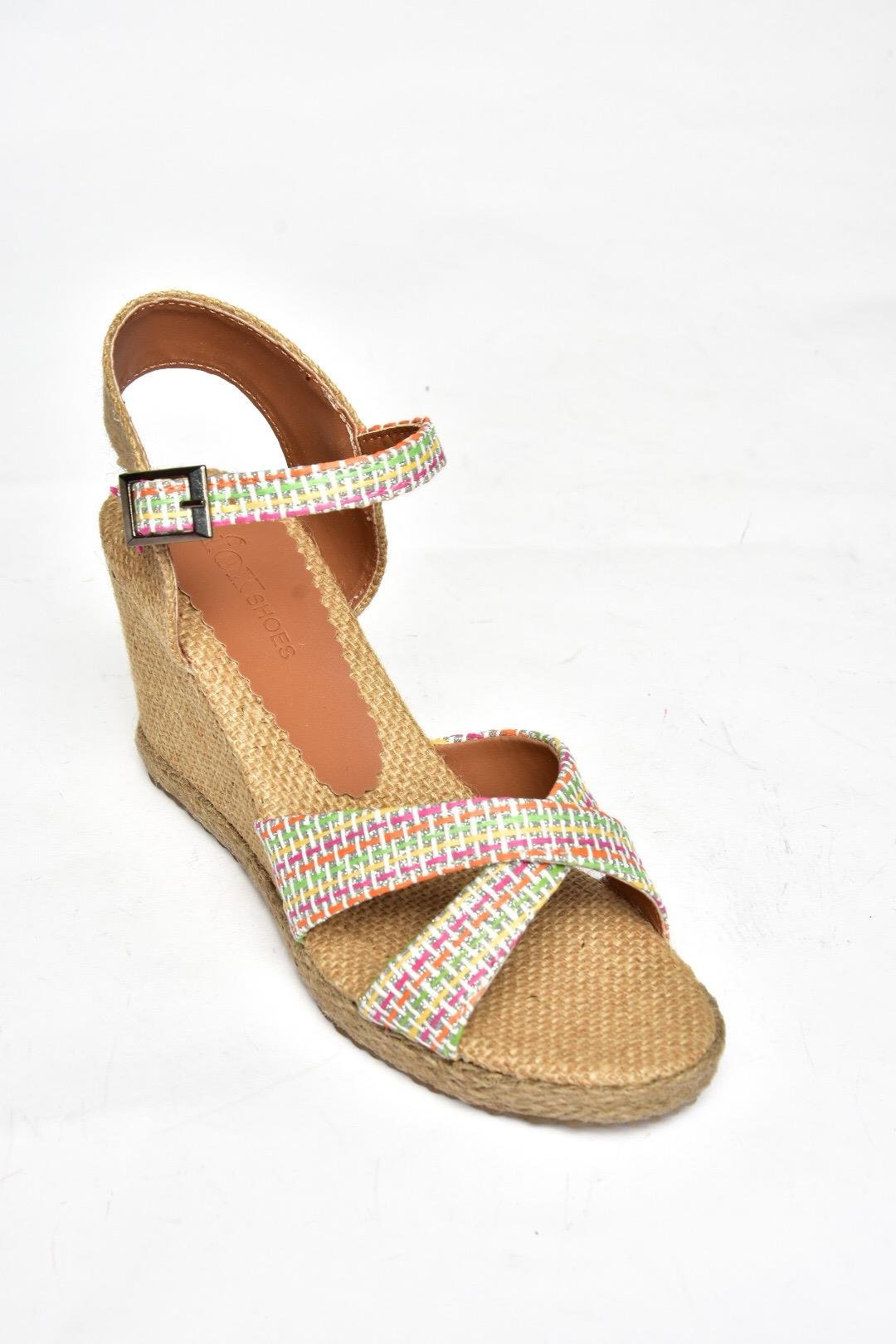 S241414004 Renkli Kumaş Simli Dolgu Topuklu Kadın Ayakkabı