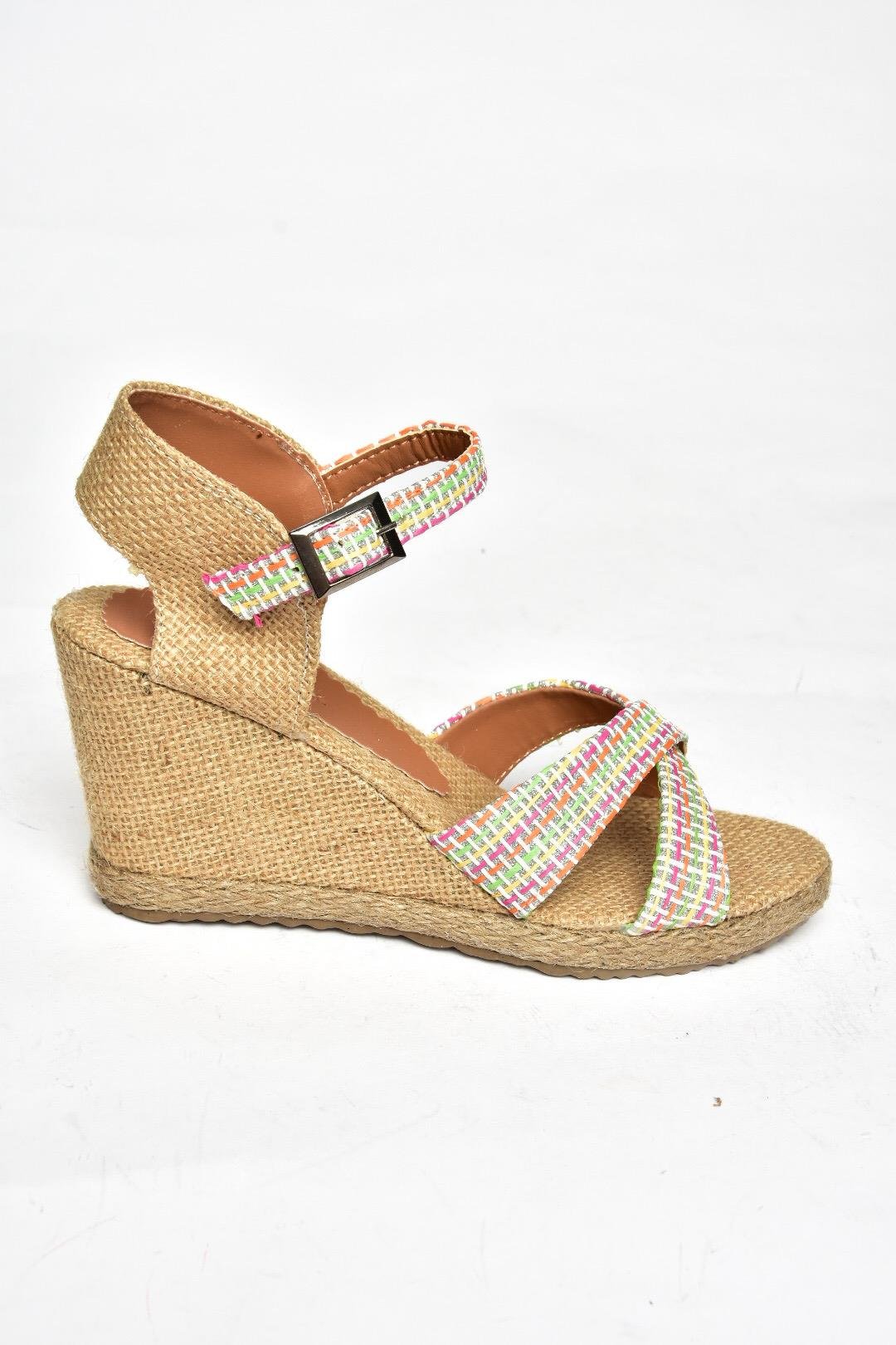 S241414004 Renkli Kumaş Simli Dolgu Topuklu Kadın Ayakkabı