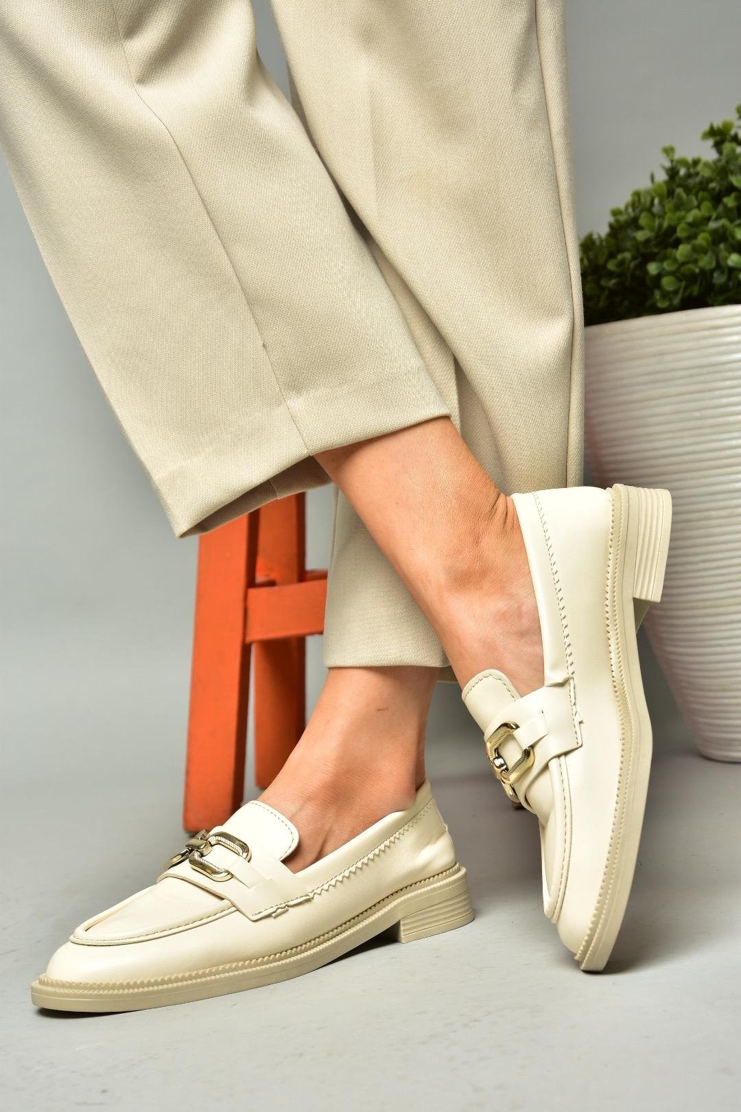 S652910009 Bej Loafer Makosen Kadın Ayakkabı