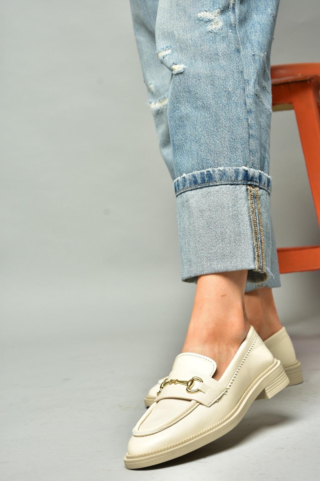 S652912009 Bej Loafer Makosen Kadın Ayakkabı