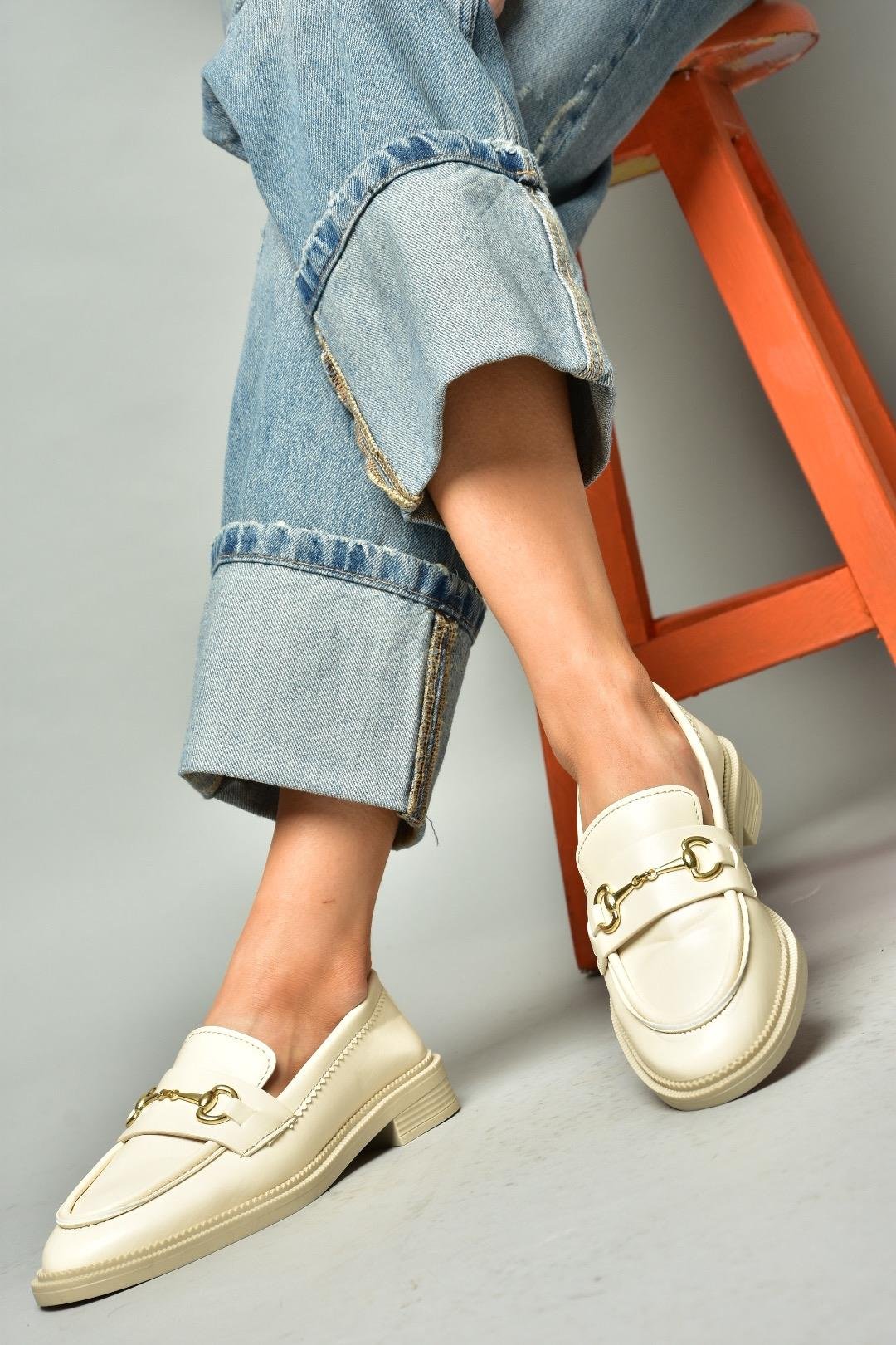 S652912009 Bej Loafer Makosen Kadın Ayakkabı