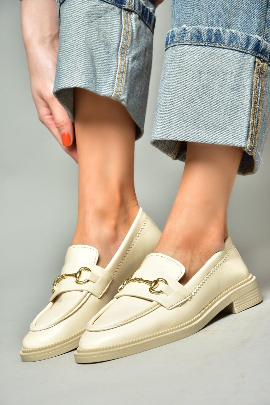 S652912009 Bej Loafer Makosen Kadın Ayakkabı
