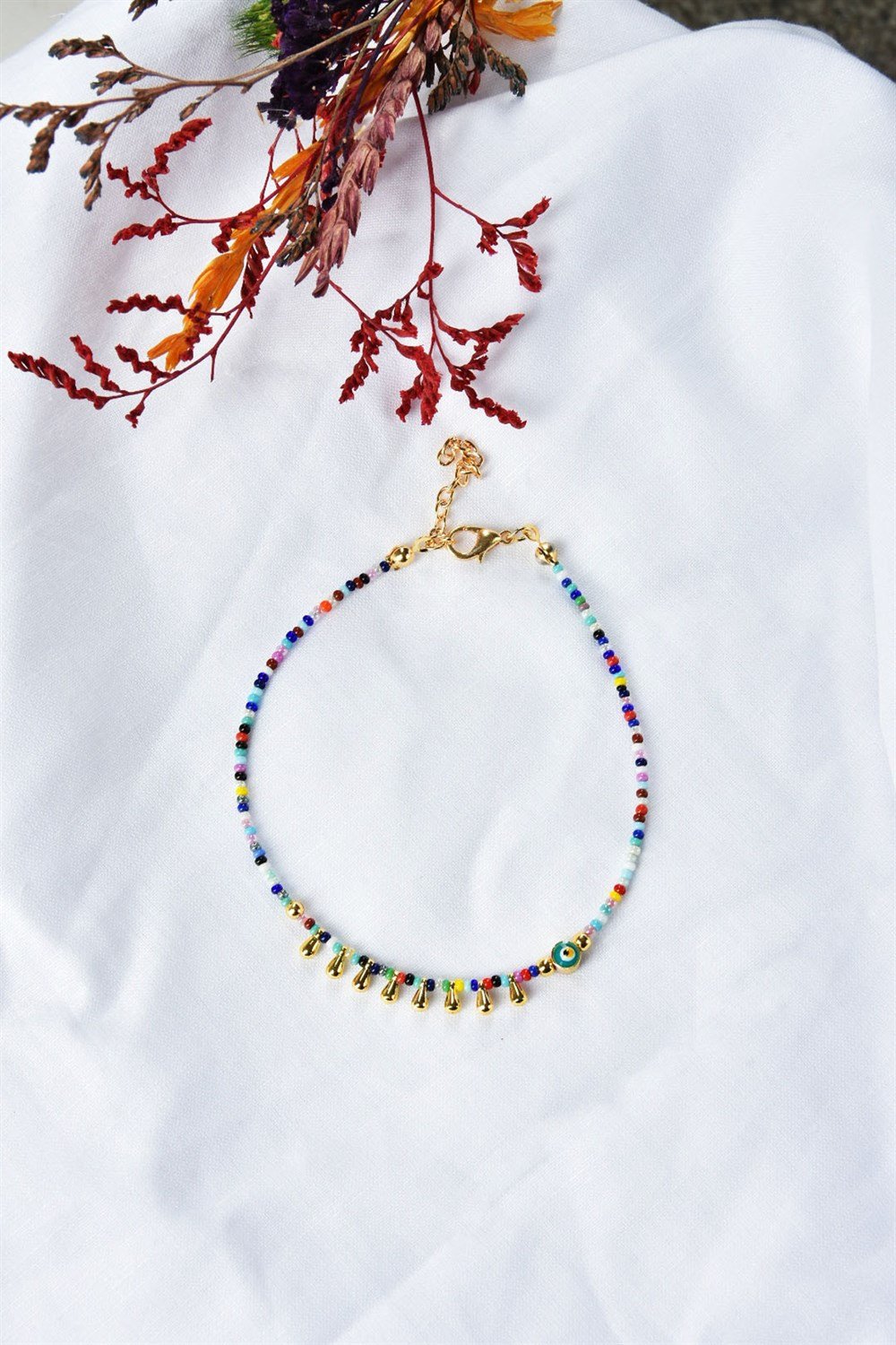 Sarı Mineli Nazar Boncuklu Renkli Halhal KA011005