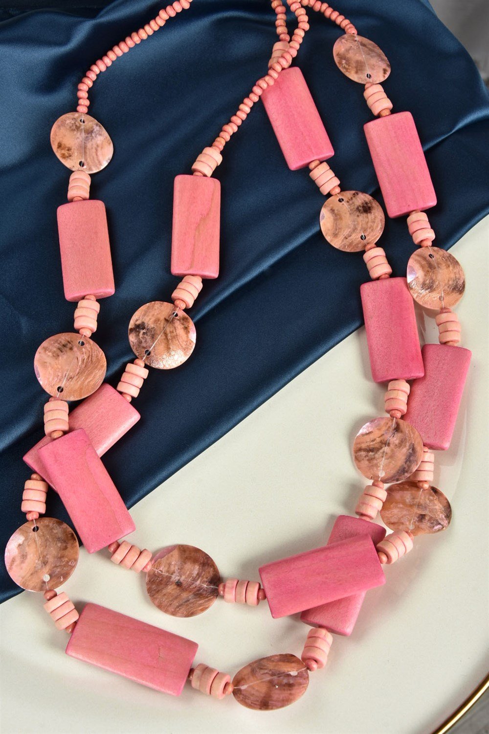 Sedefli Pembe Tahta Boncuk 2'Li Kolye KA031071