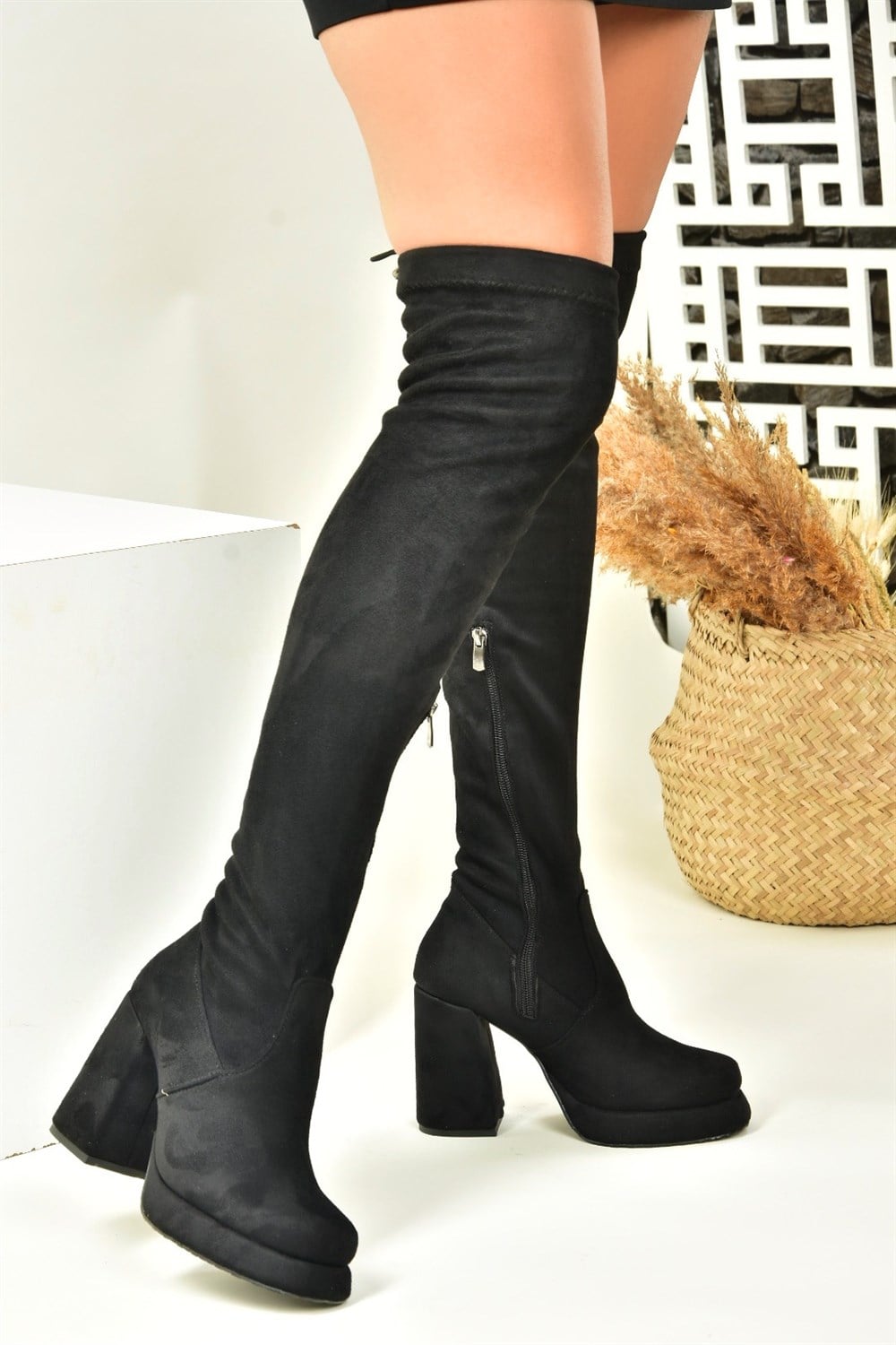 Siyah Süet Platform Taban Kadın Çizme N997601202