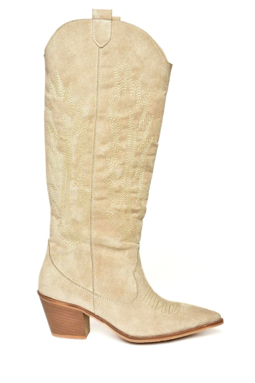 T267765202 Bej Süet Kovboy Model Kadın Çizme