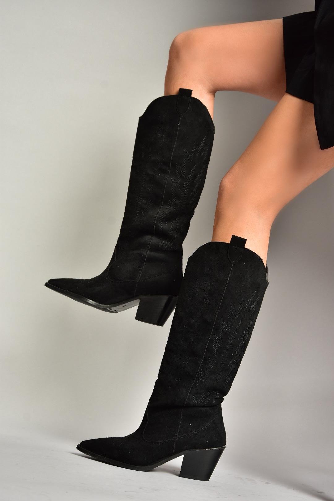 T267765202 Siyah Süet Kovboy Model Kadın Çizme