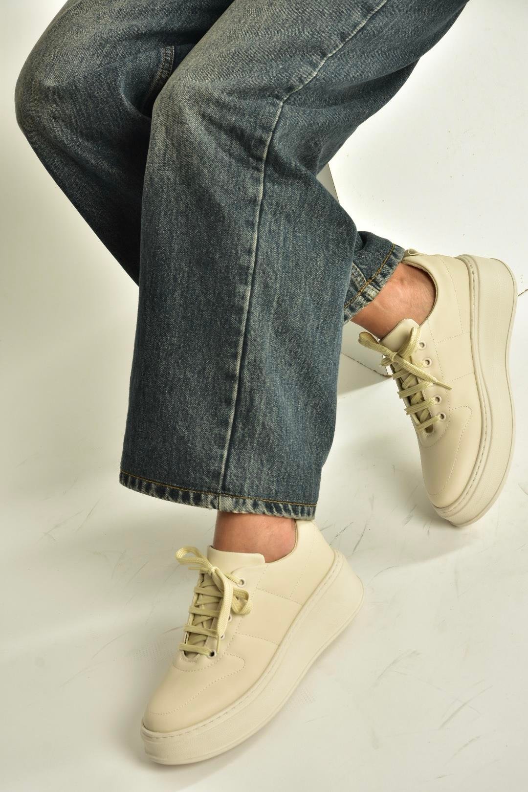 T274148309 Bej Kalın Tabanlı Bağcıklı Spor Ayakkabı Sneakers