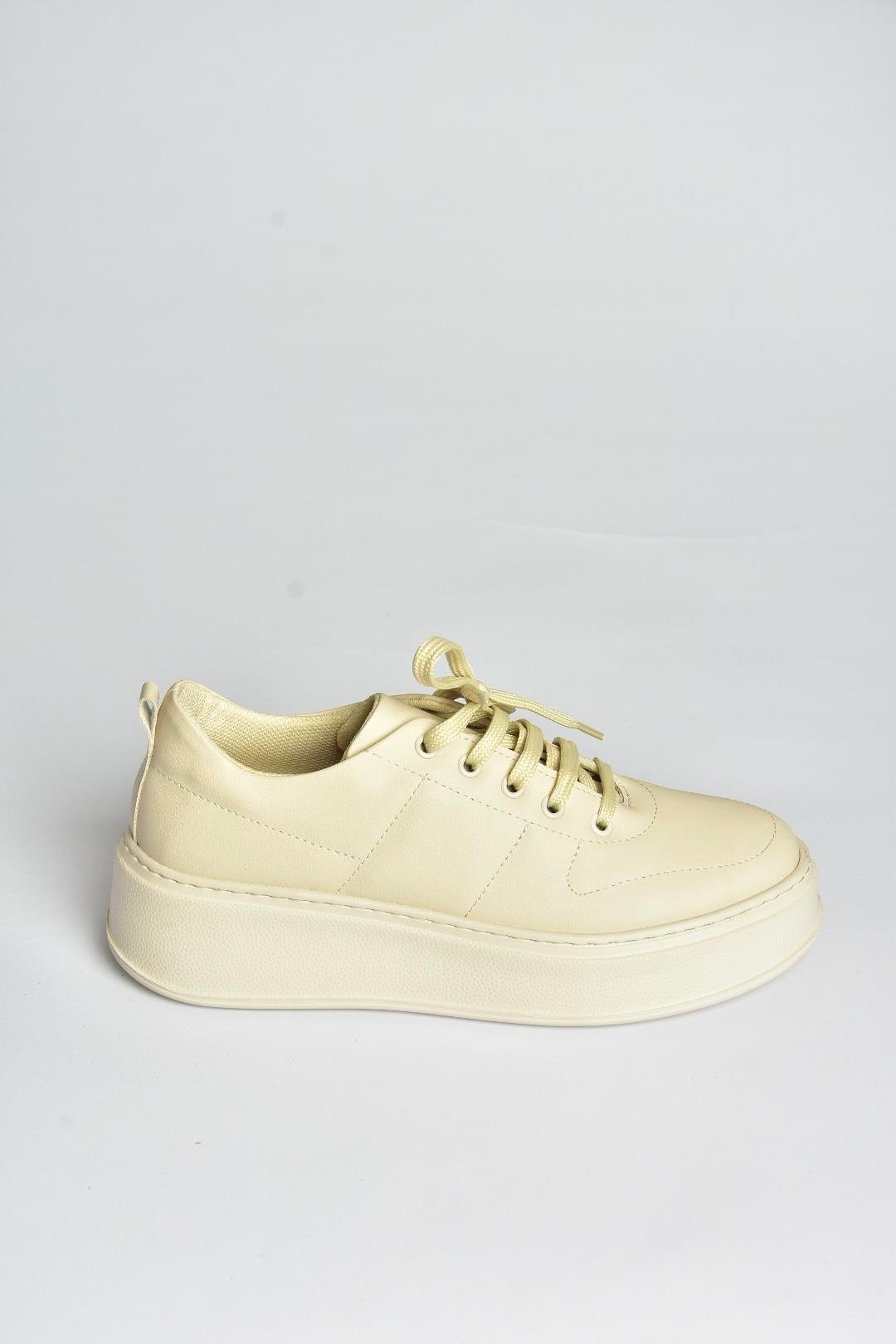 T274148309 Bej Kalın Tabanlı Bağcıklı Spor Ayakkabı Sneakers