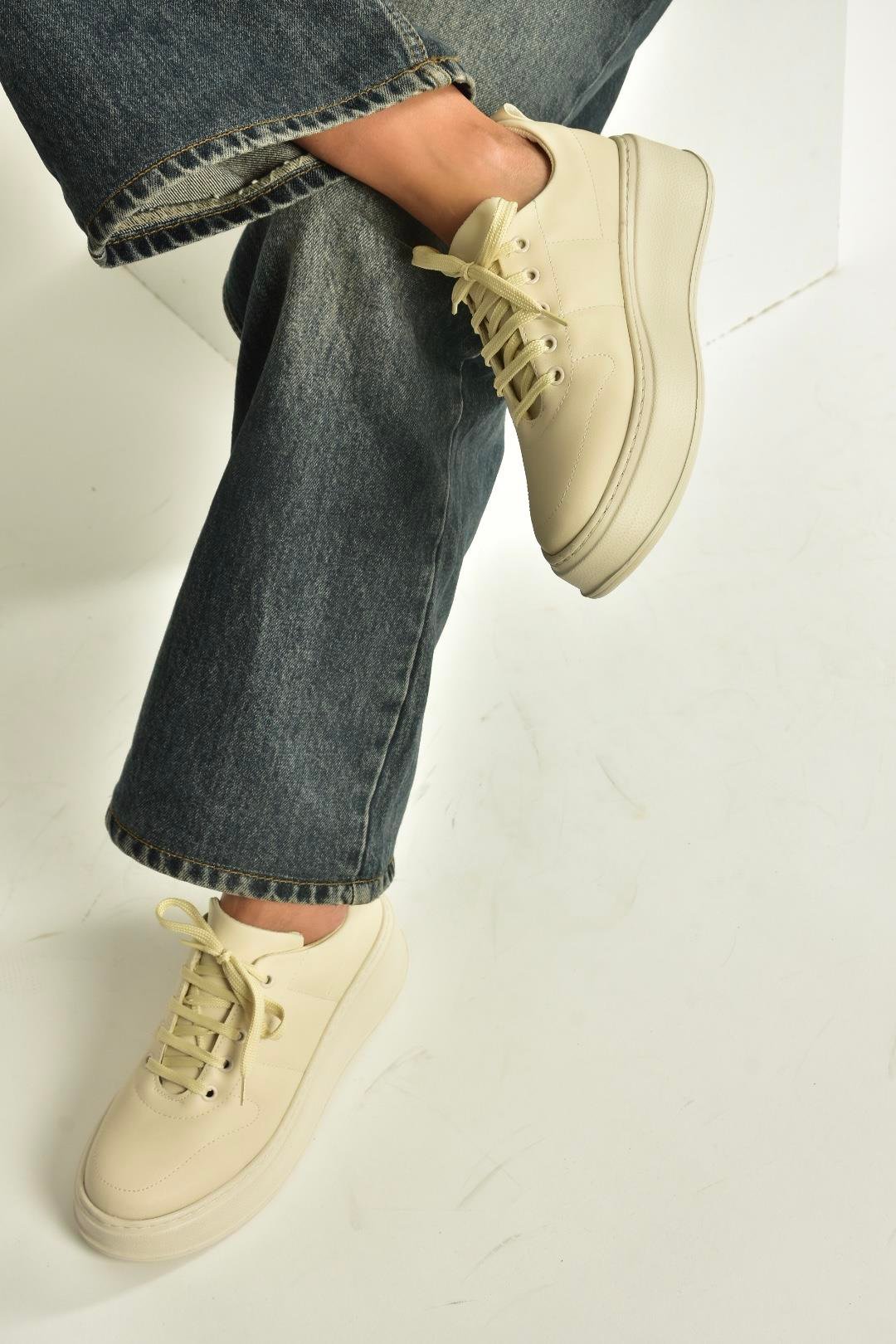 T274148309 Bej Kalın Tabanlı Bağcıklı Spor Ayakkabı Sneakers