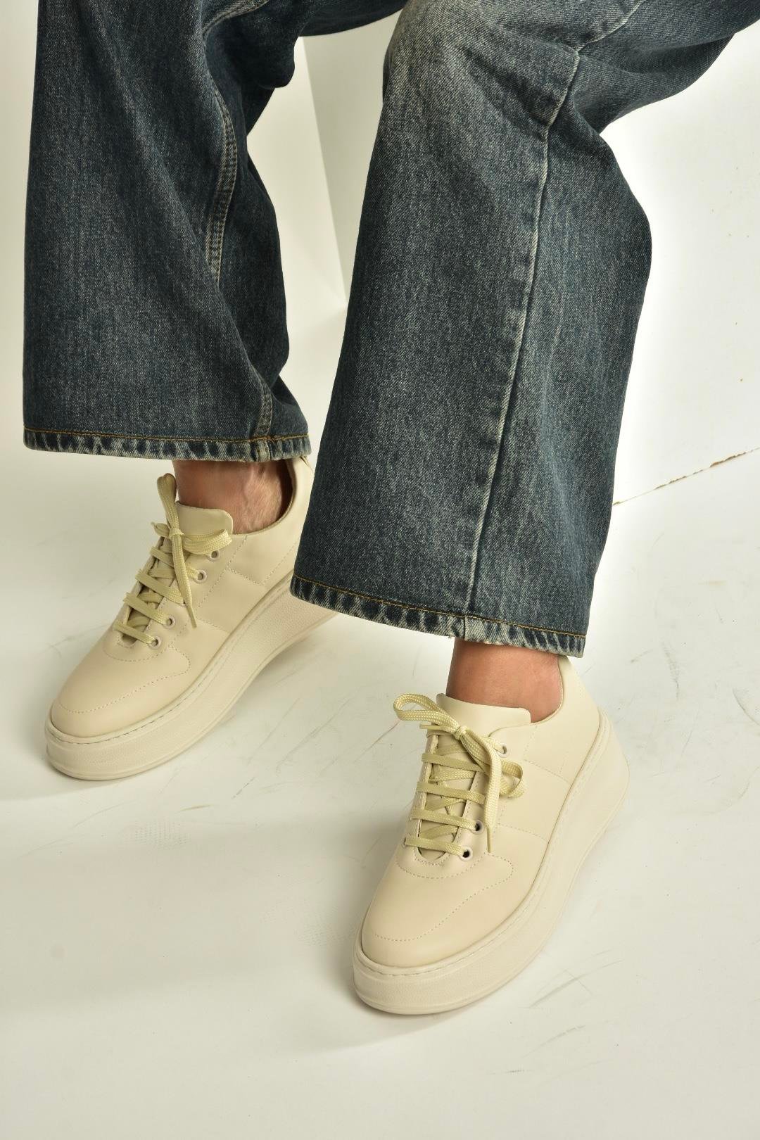 T274148309 Bej Kalın Tabanlı Bağcıklı Spor Ayakkabı Sneakers