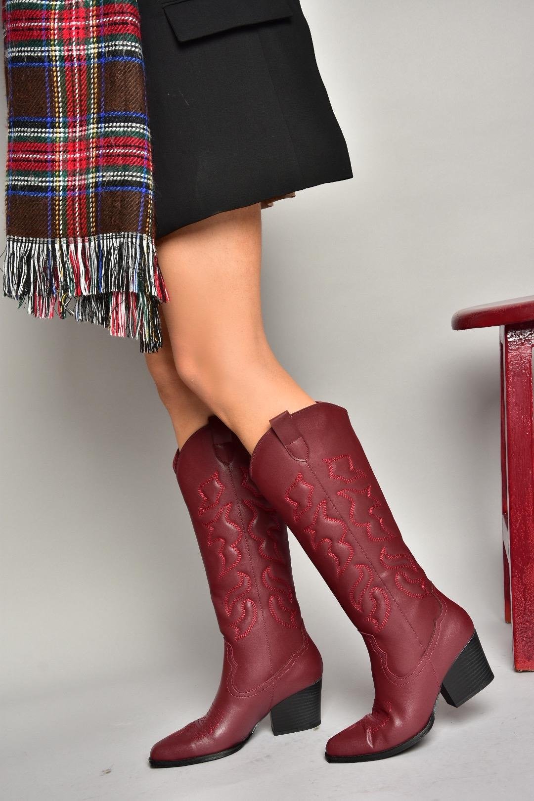 T296815009 Bordo Kovboy Model Kadın Çizme