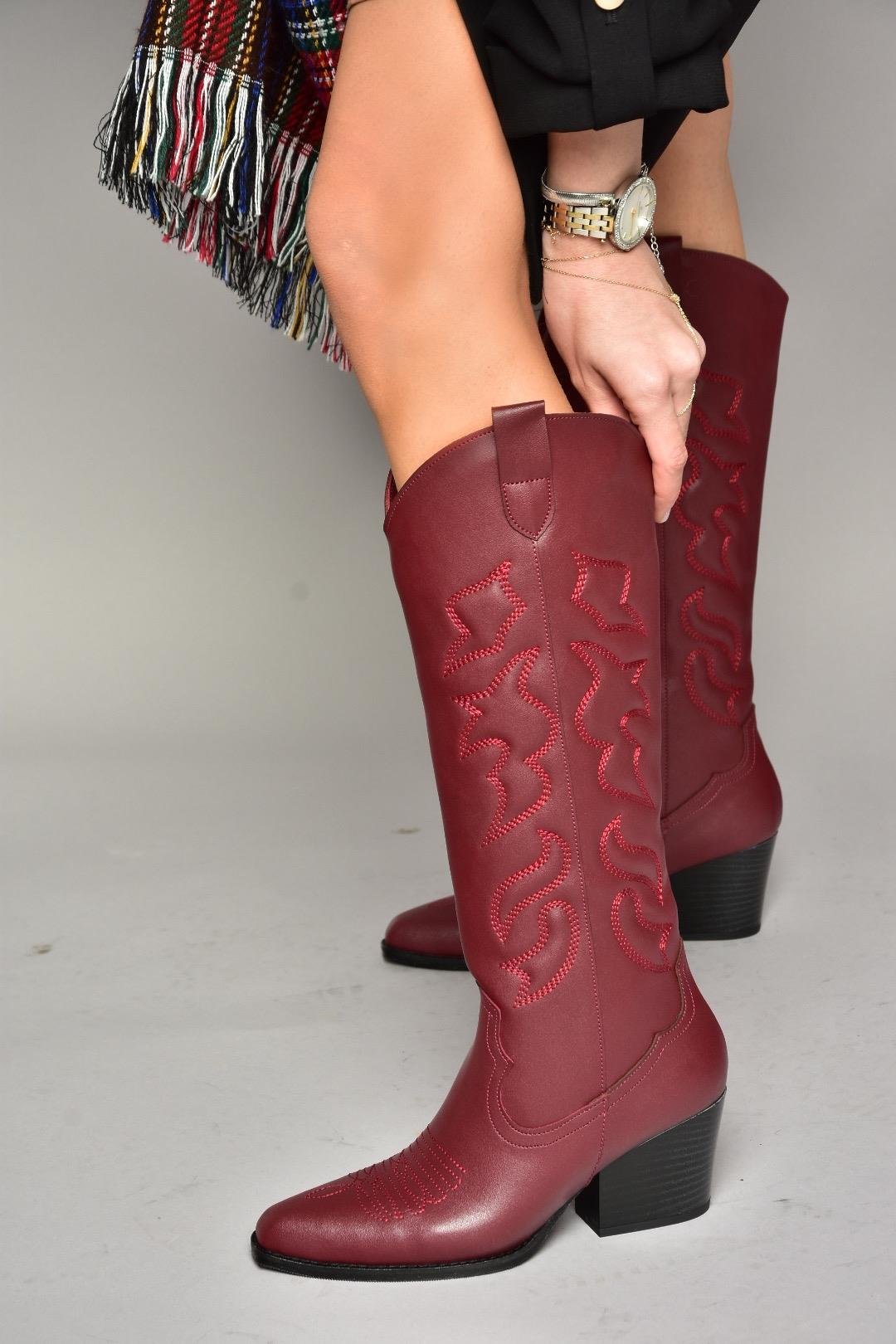 T296815009 Bordo Kovboy Model Kadın Çizme