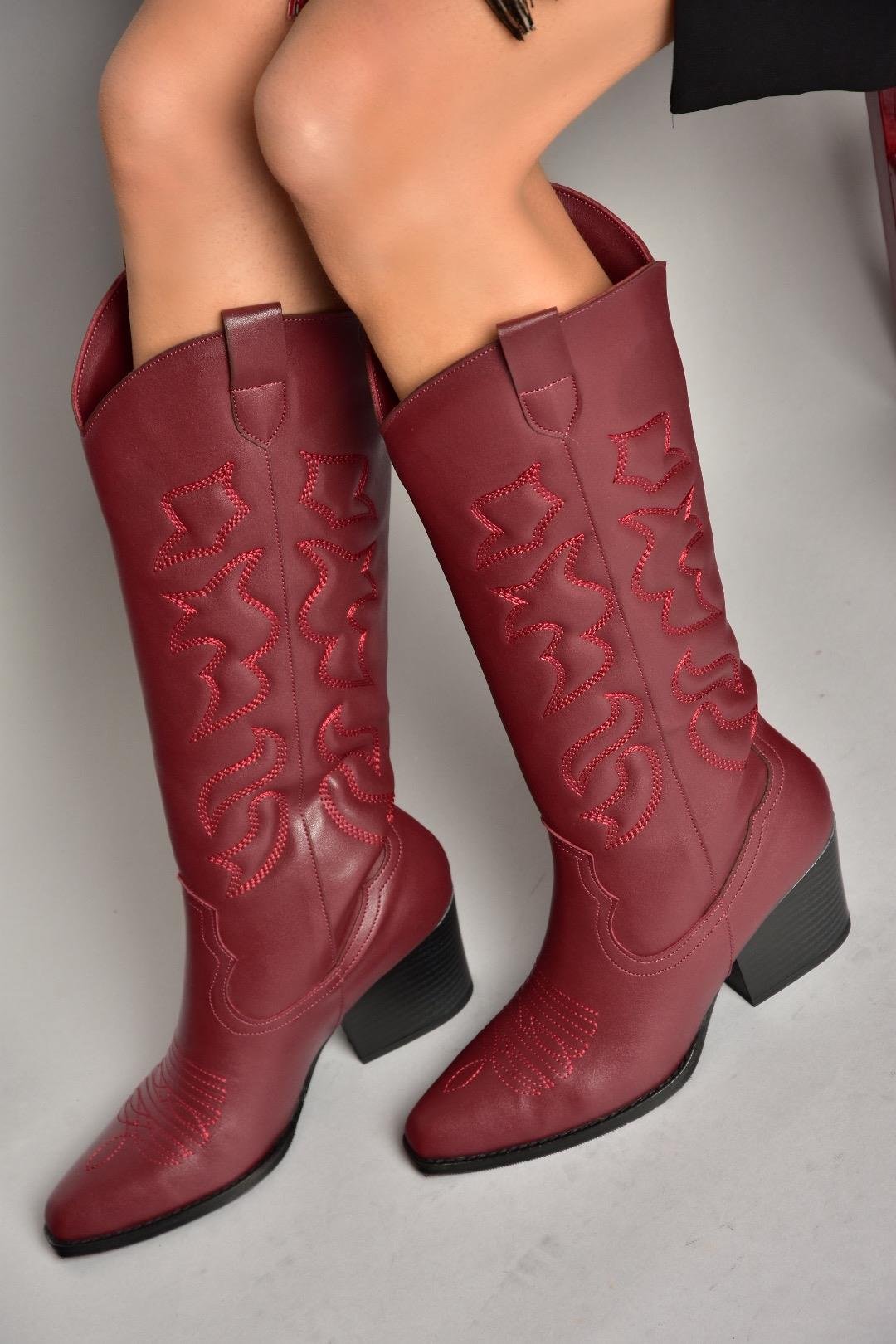 T296815009 Bordo Kovboy Model Kadın Çizme