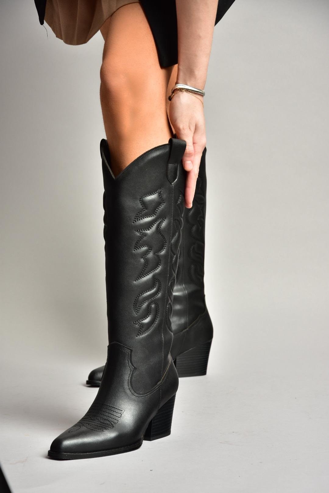 T296815009 Siyah Kovboy Model Kadın Çizme